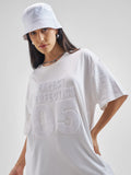 Street By Tokyo Talkies Women White Applique Round Neck Oversized Fit T-Shirt - White - Image 1