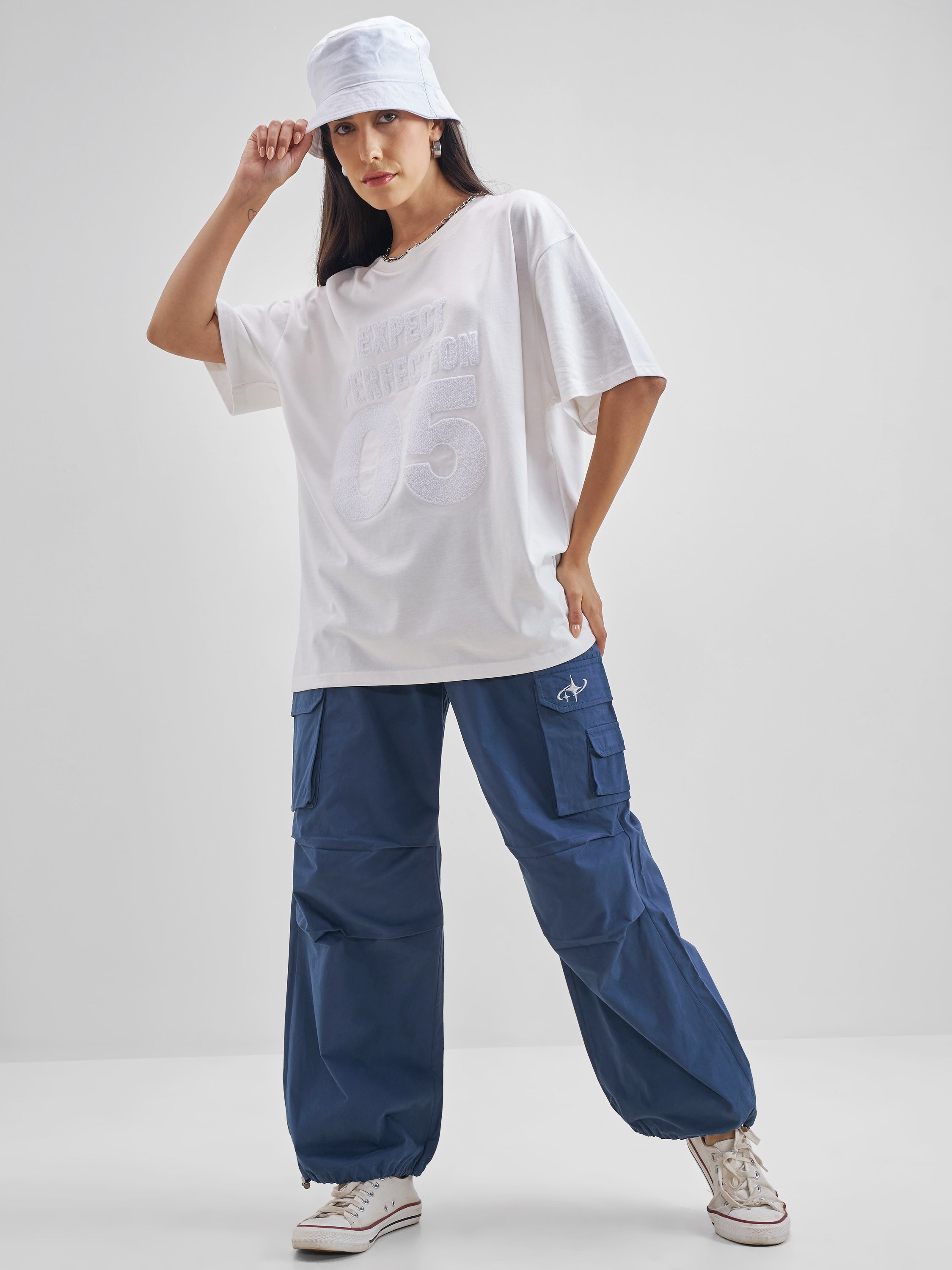 Street By Tokyo Talkies Women White Applique Round Neck Oversized Fit T-Shirt - White - Image 2