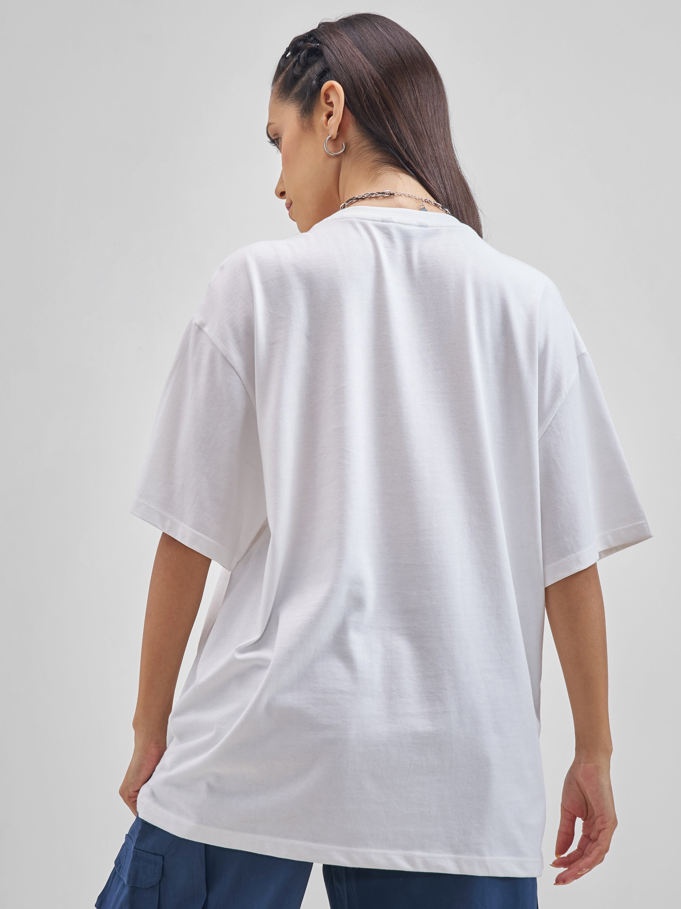 Street By Tokyo Talkies Women White Applique Round Neck Oversized Fit T-Shirt - White - Image 3