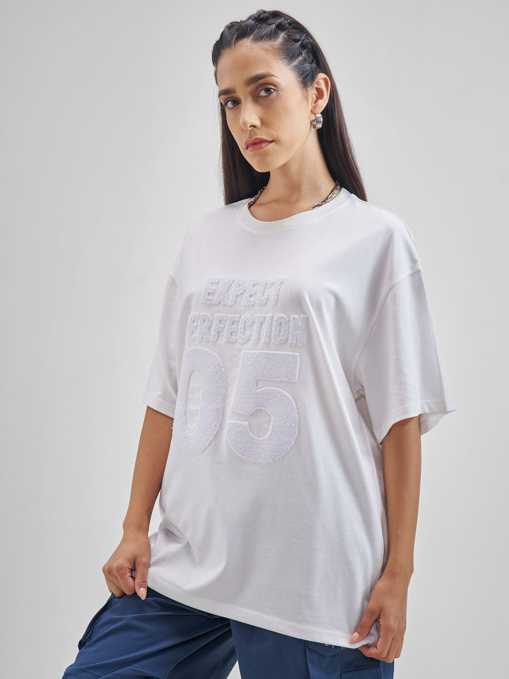 Street By Tokyo Talkies Women White Applique Round Neck Oversized Fit T-Shirt - White - Image 4