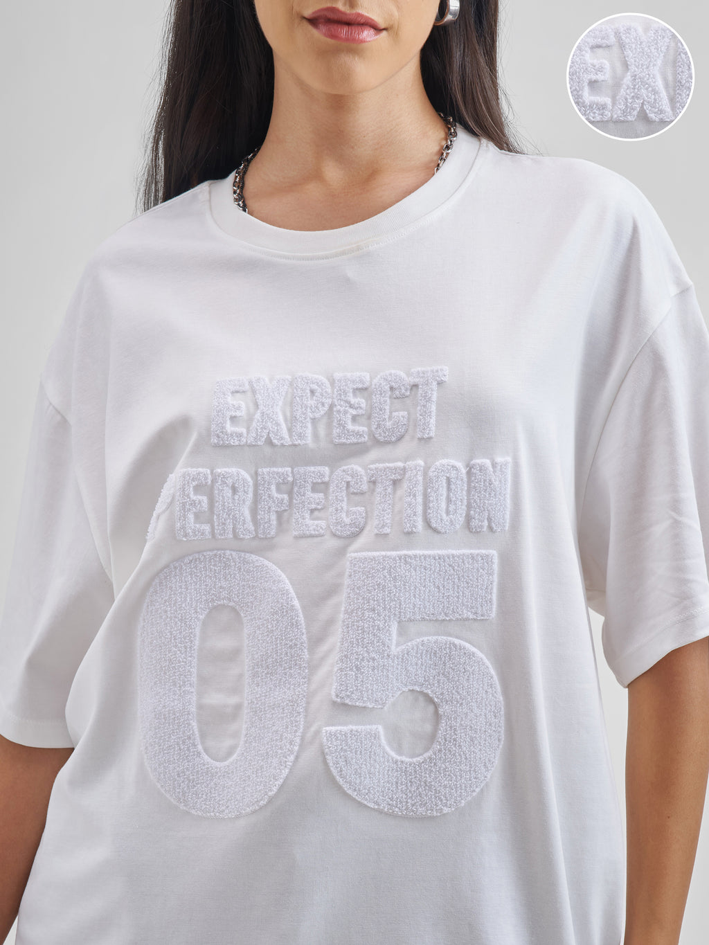 Street By Tokyo Talkies Women White Applique Round Neck Oversized Fit T-Shirt - White - Image 5