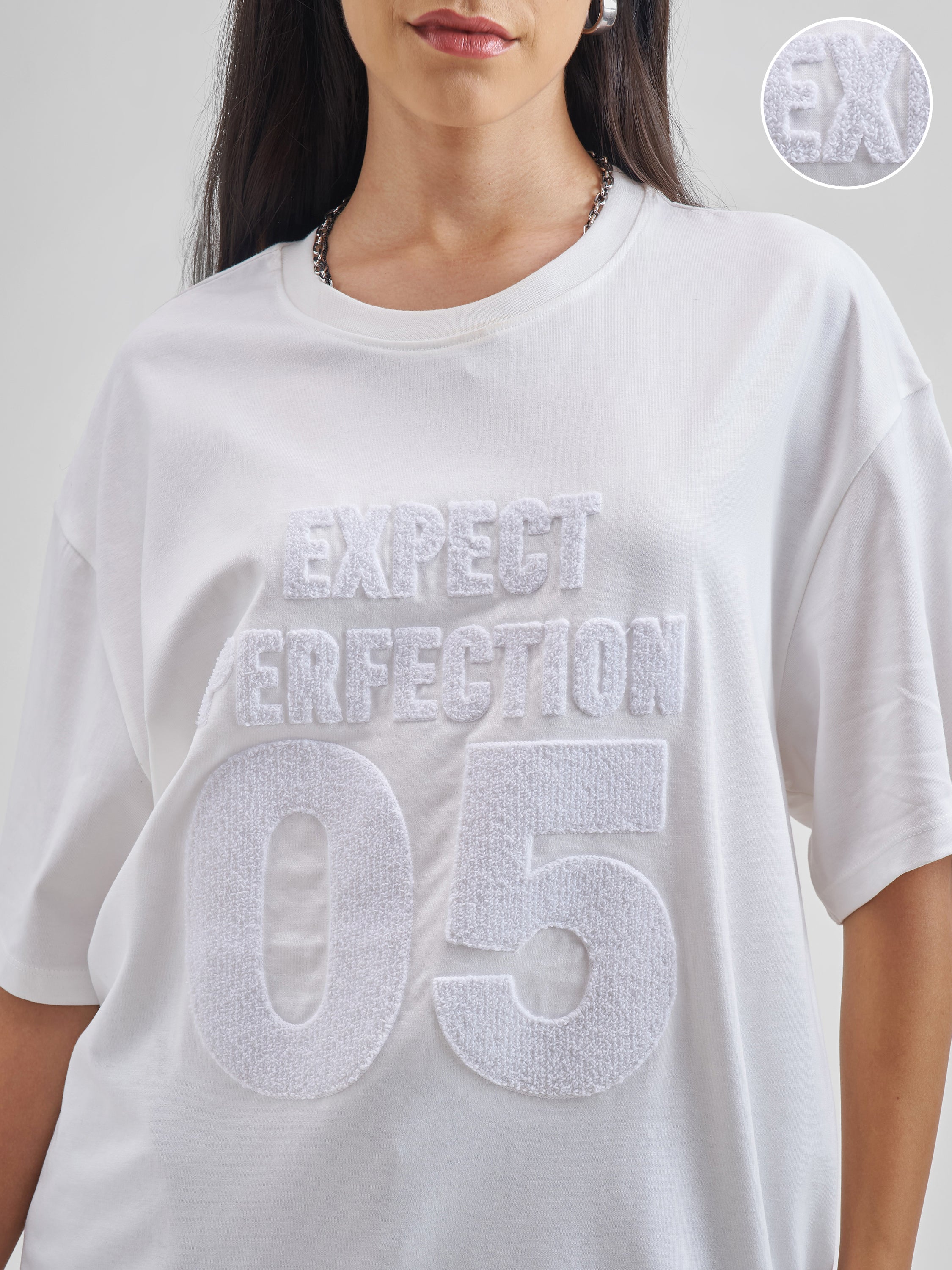 Street By Tokyo Talkies Women White Applique Round Neck Oversized Fit T-Shirt - White - Image 5