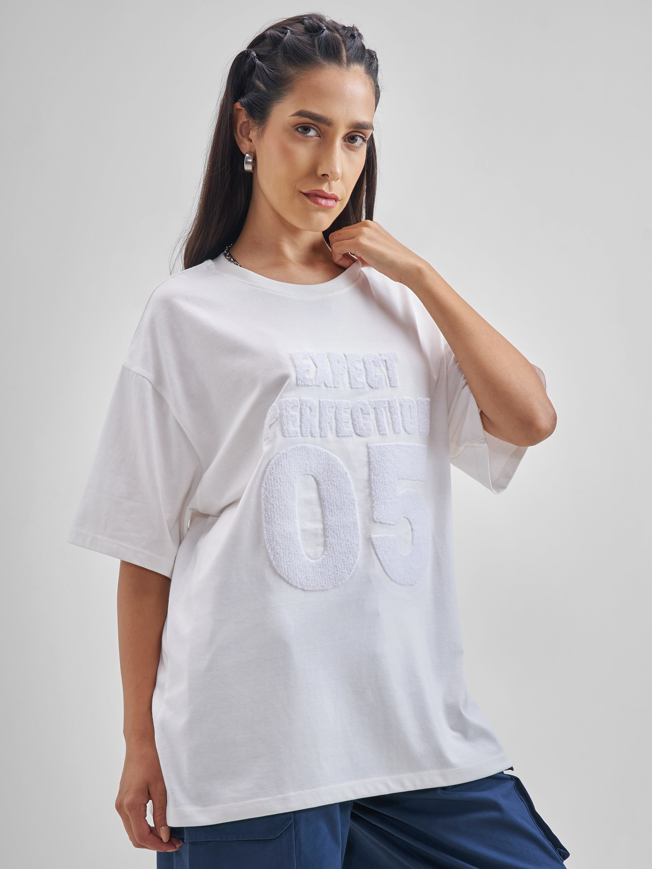 Street By Tokyo Talkies Women White Applique Round Neck Oversized Fit T-Shirt - White - Image 6