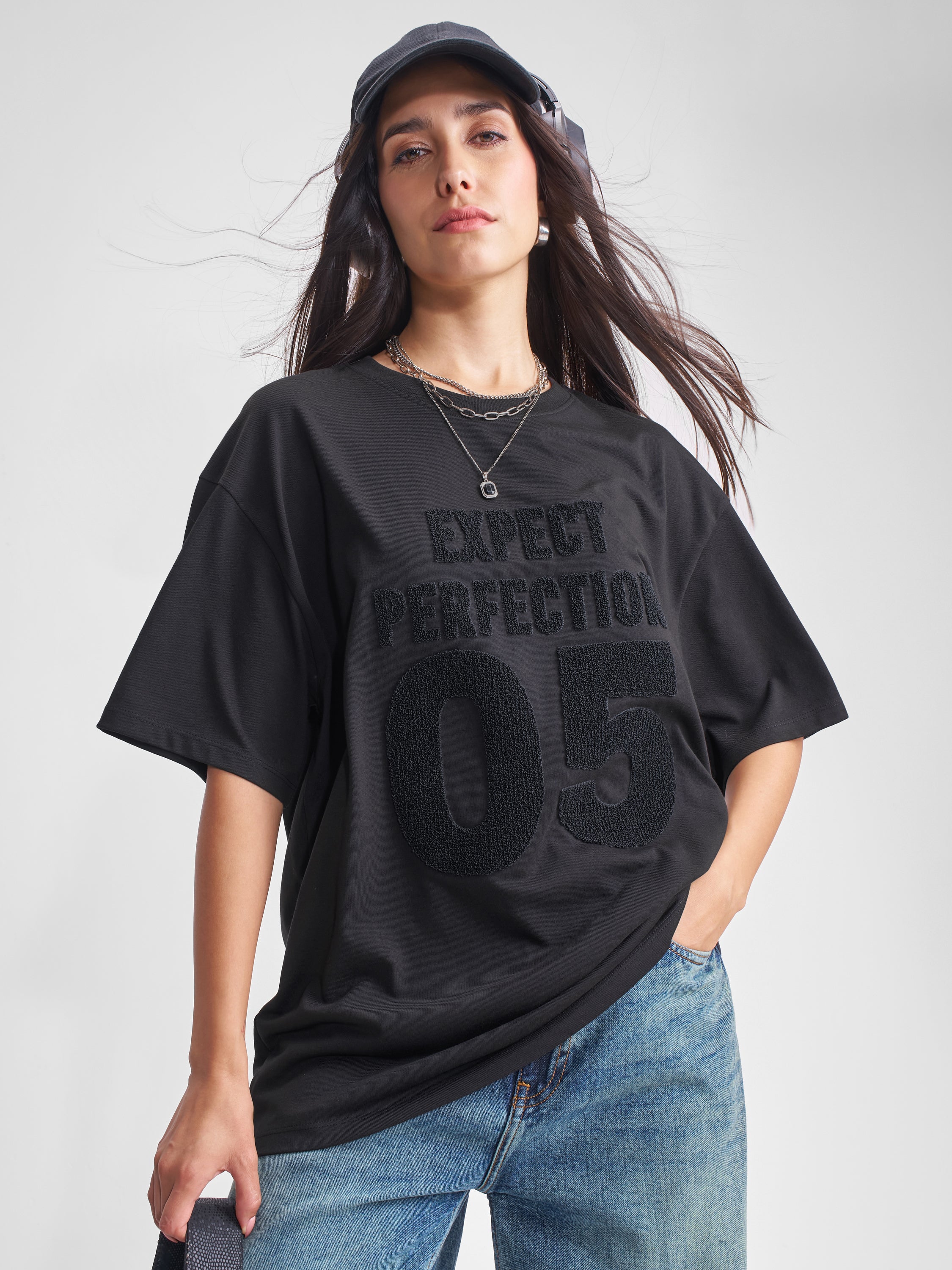 Tokyo Talkies Women Black Applique Round Neck Oversized Fit T-Shirt - Black - Image 1