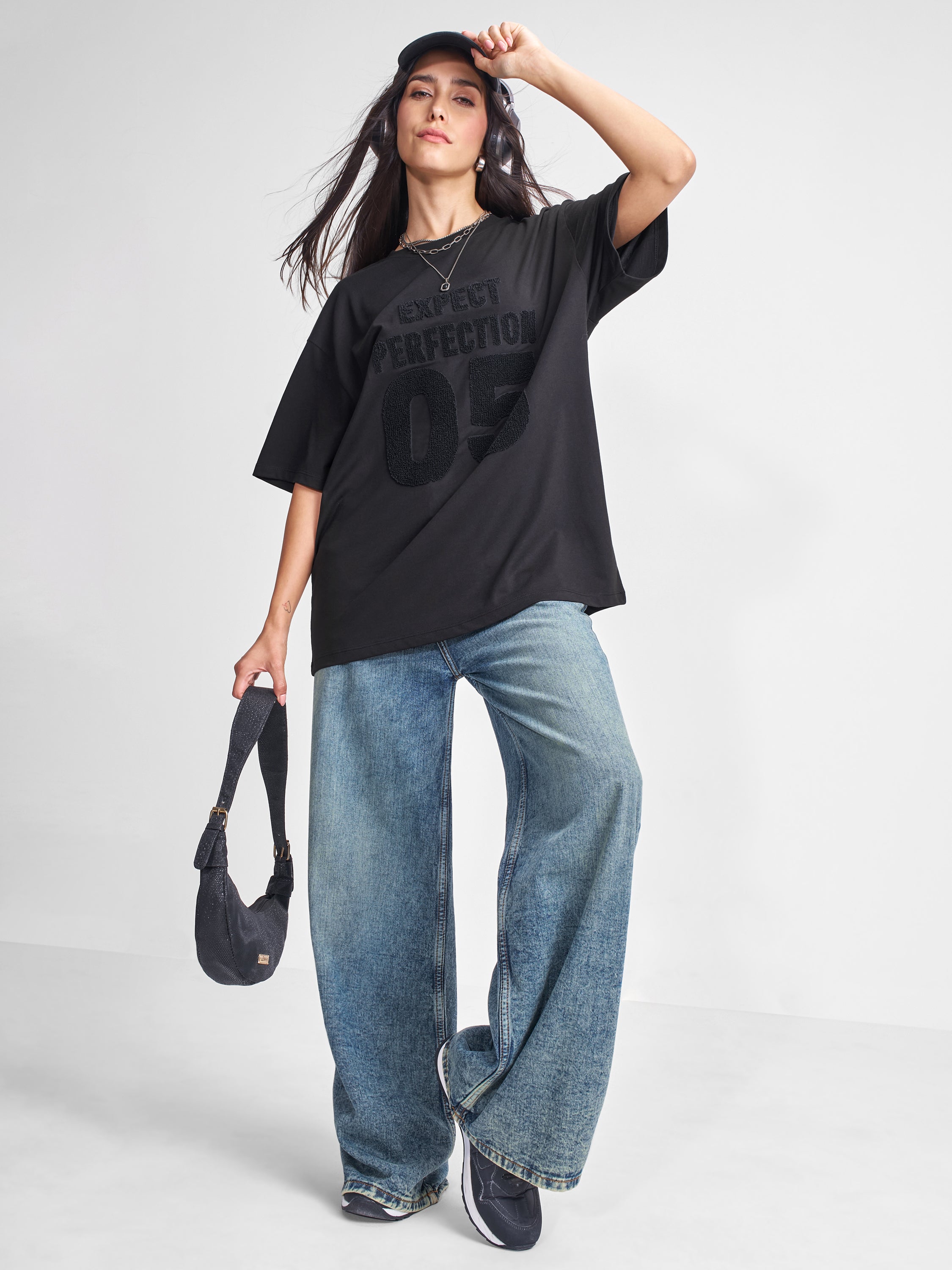 Tokyo Talkies Women Black Applique Round Neck Oversized Fit T-Shirt - Black - Image 2