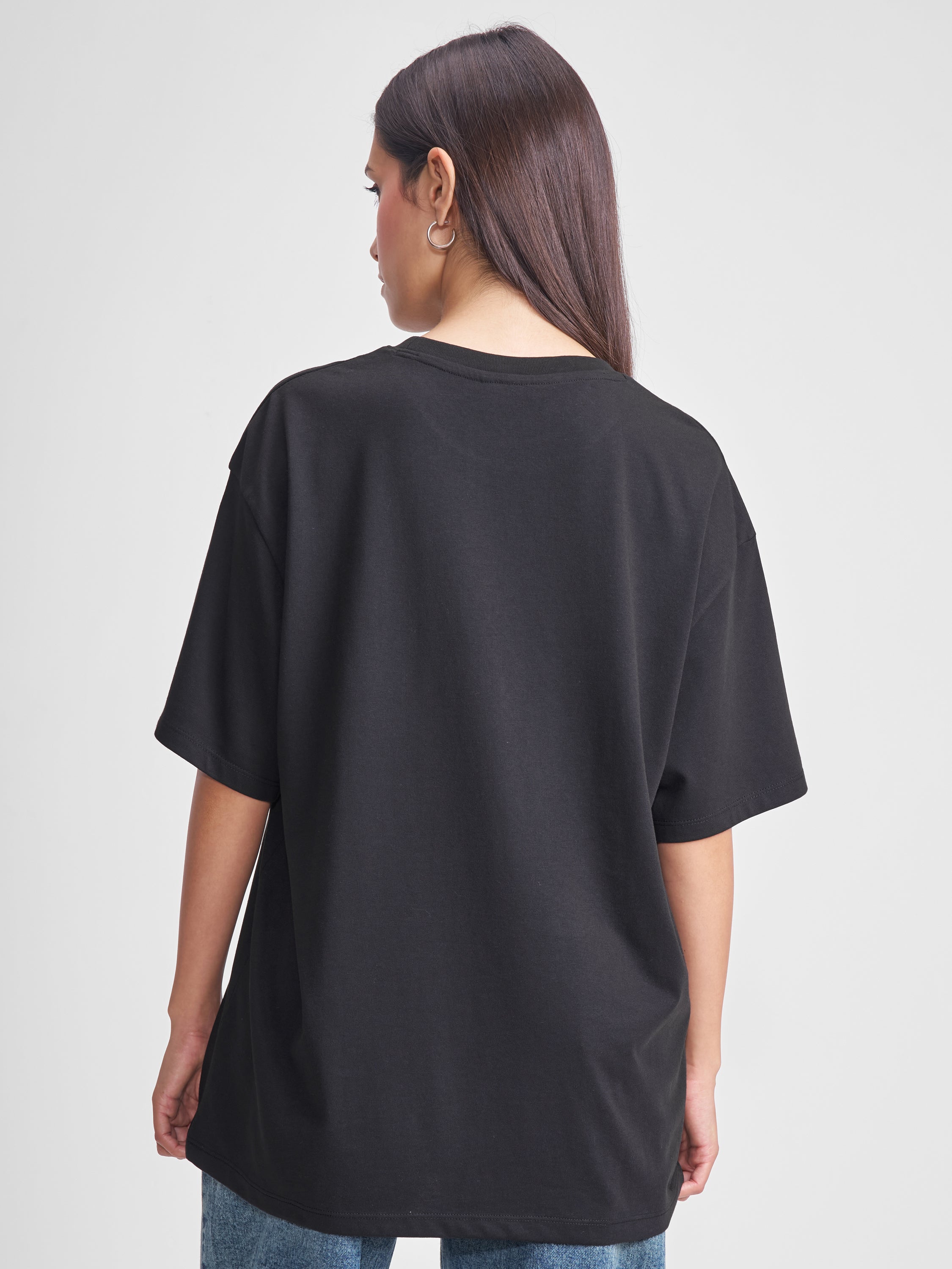 Tokyo Talkies Women Black Applique Round Neck Oversized Fit T-Shirt - Black - Image 3