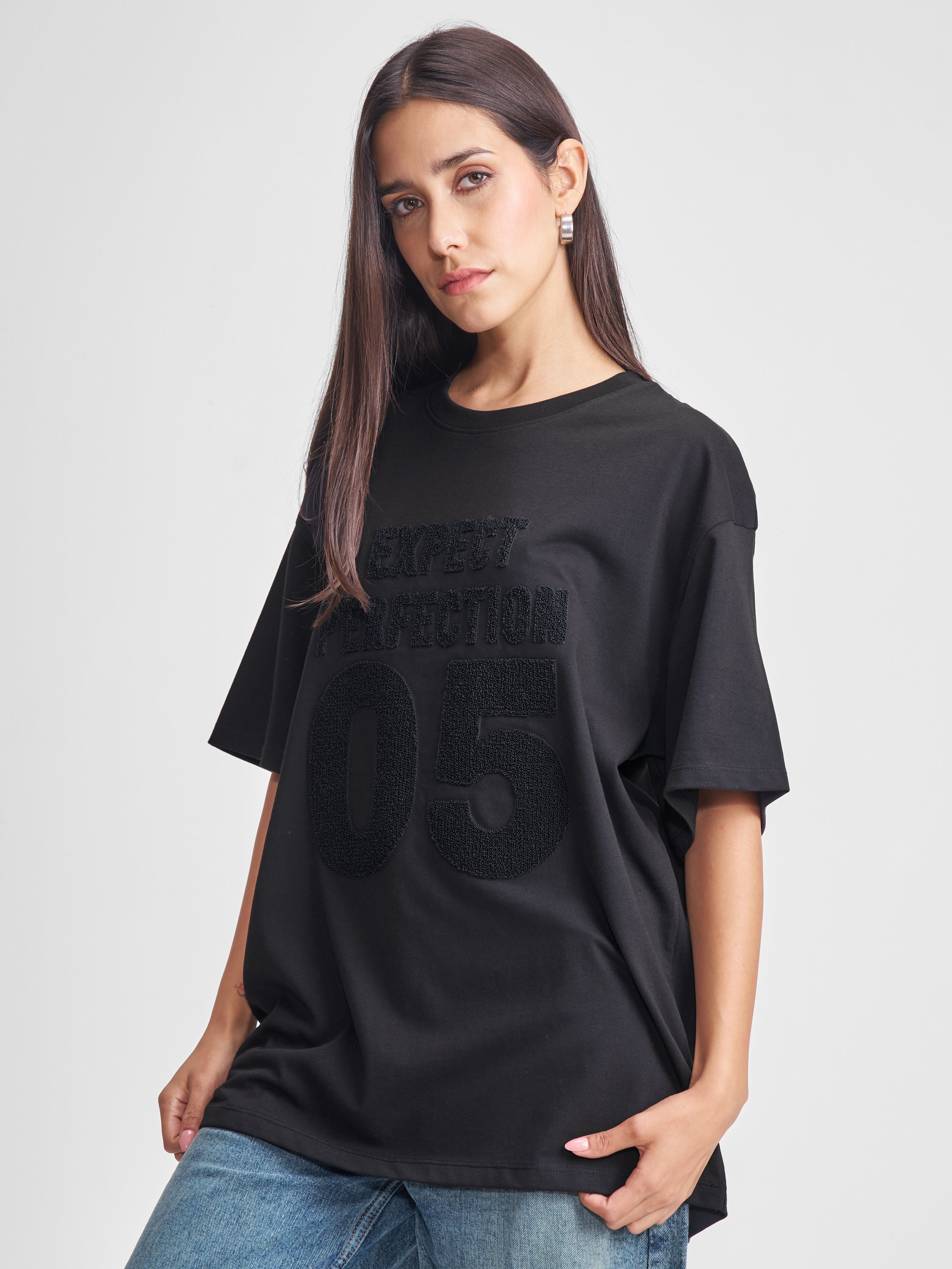 Tokyo Talkies Women Black Applique Round Neck Oversized Fit T-Shirt - Black - Image 4