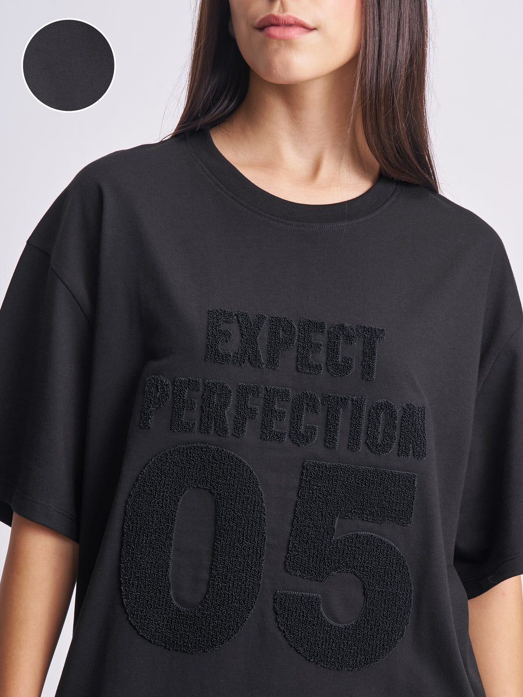 Tokyo Talkies Women Black Applique Round Neck Oversized Fit T-Shirt - Black - Image 5