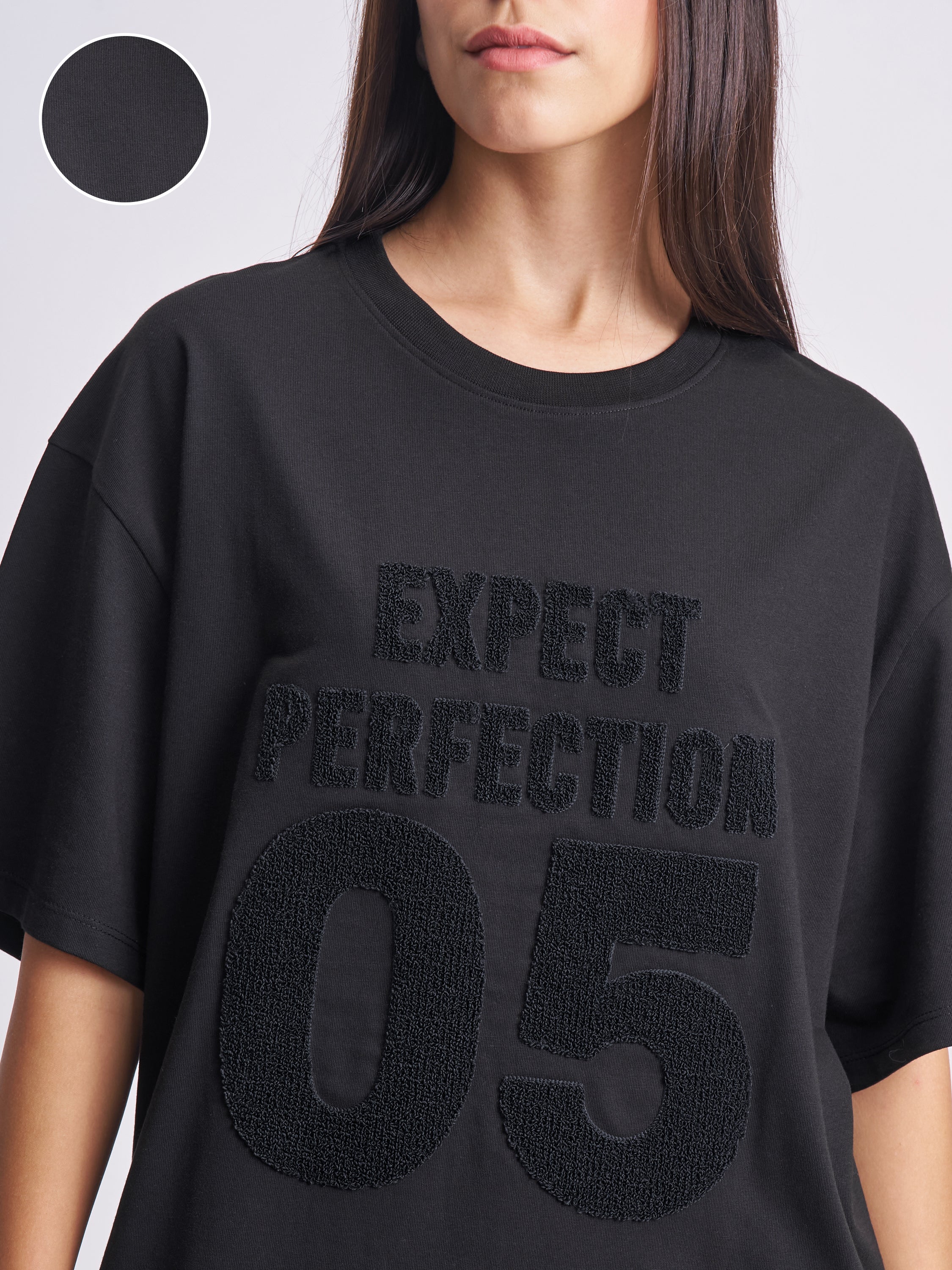 Tokyo Talkies Women Black Applique Round Neck Oversized Fit T-Shirt - Black - Image 5