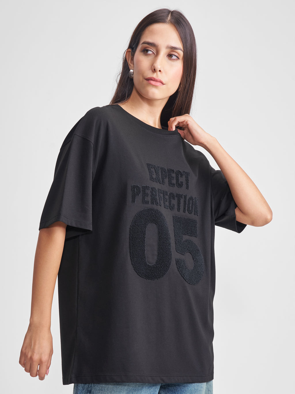 Tokyo Talkies Women Black Applique Round Neck Oversized Fit T-Shirt - Black - Image 6