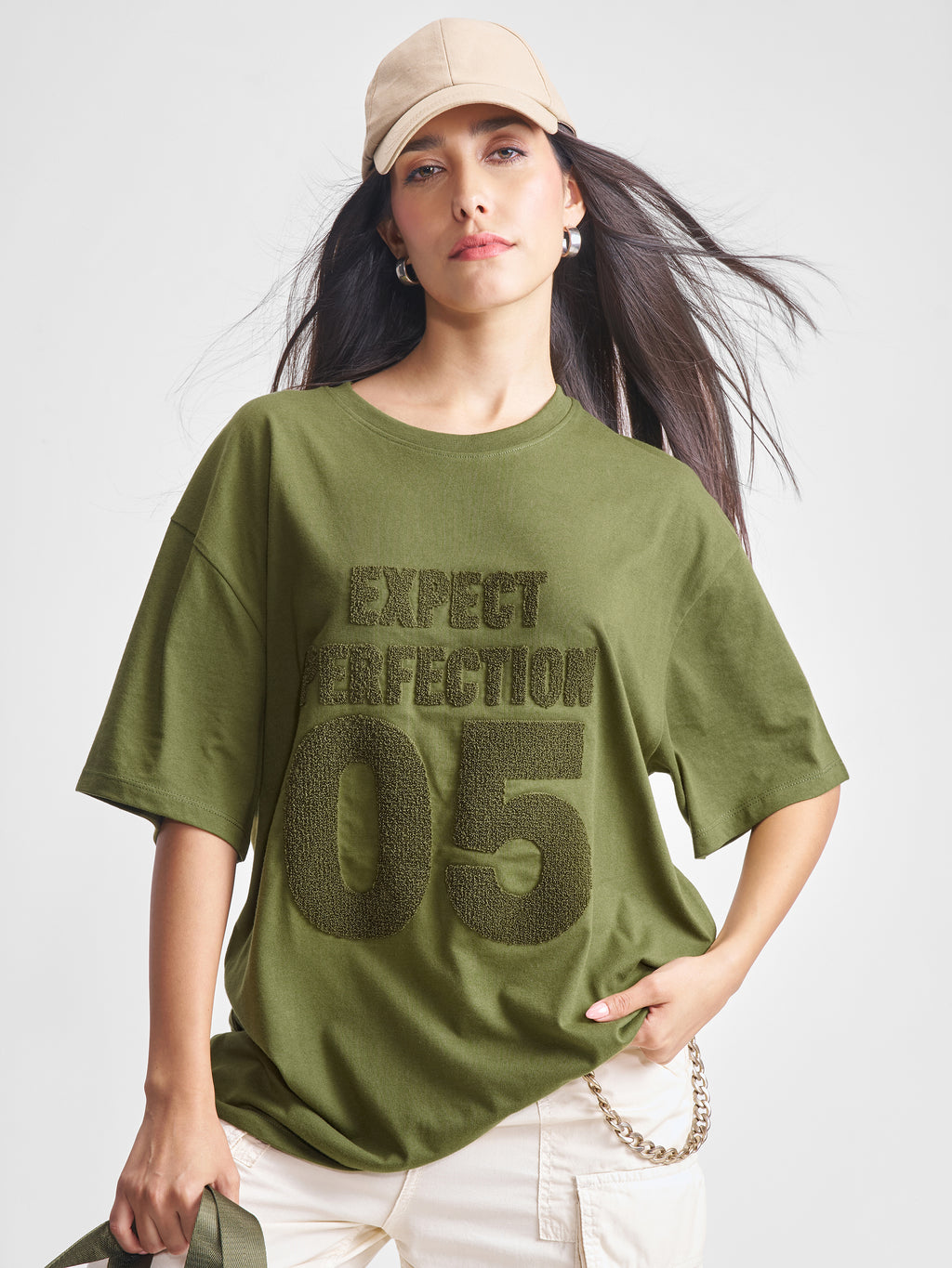 Tokyo Talkies Women Olive Applique Round Neck Oversized Fit T-Shirt - Olive - Image 1
