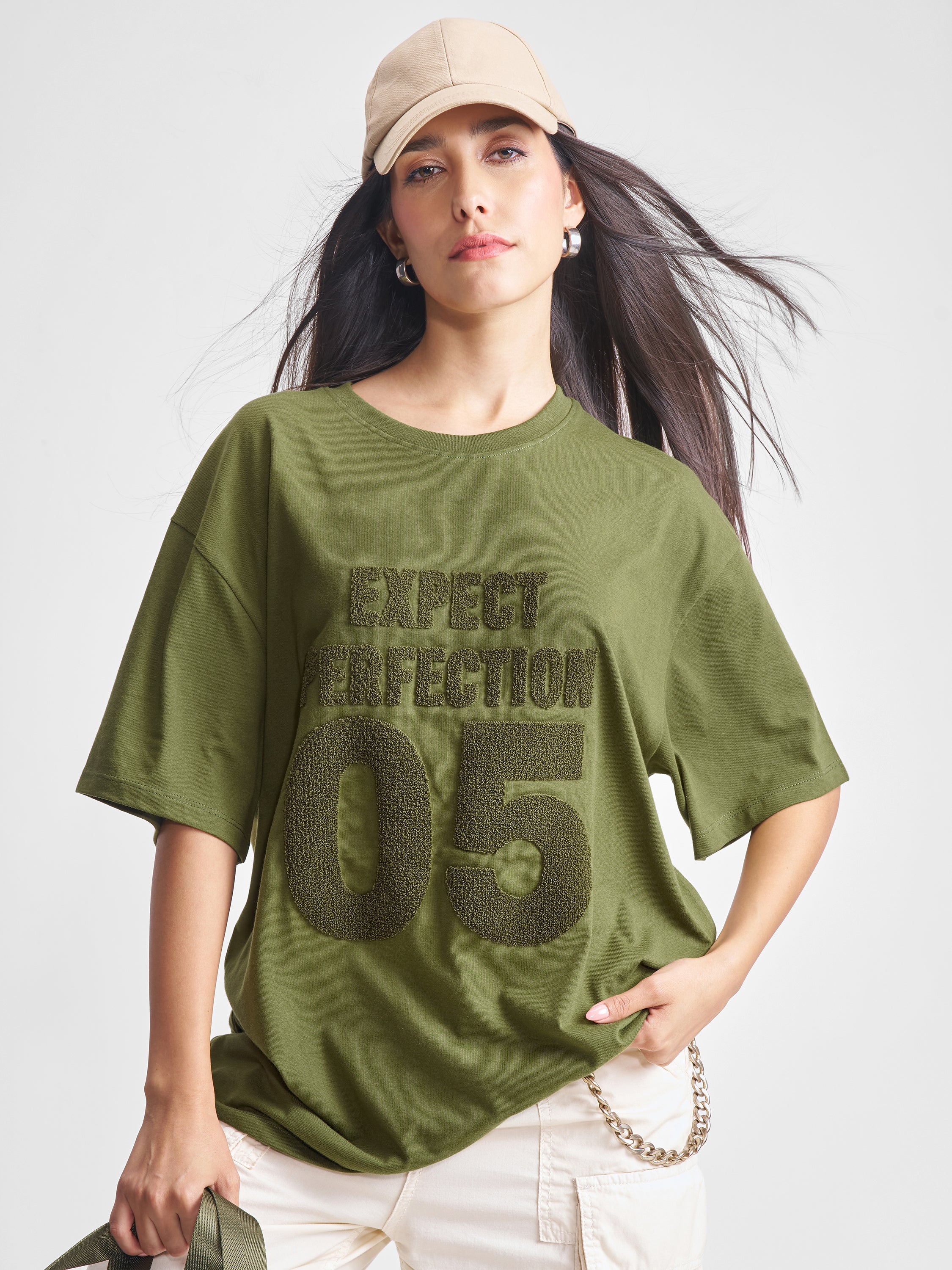 Tokyo Talkies Women Olive Applique Round Neck Oversized Fit T-Shirt - Olive - Image 1