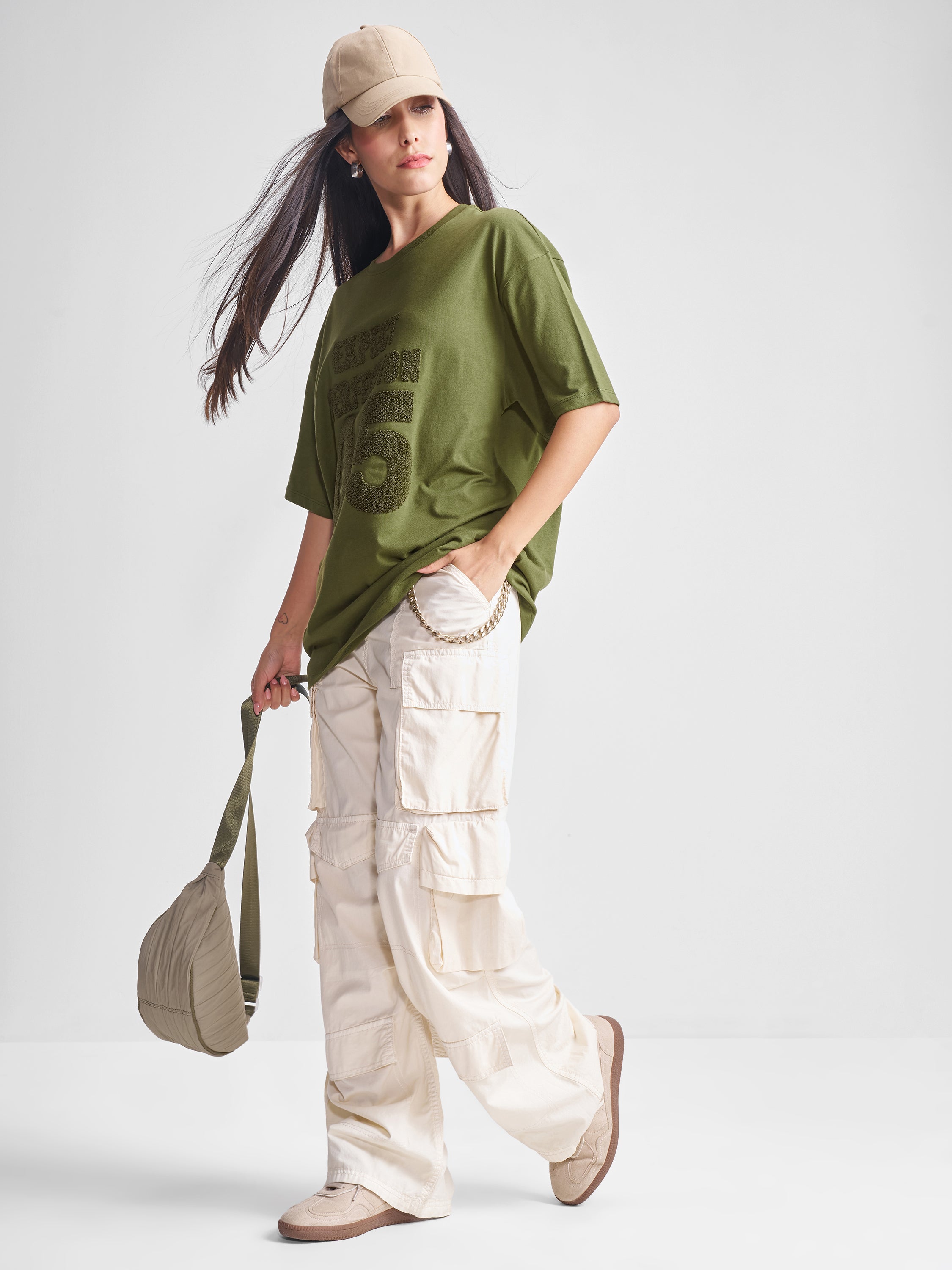 Tokyo Talkies Women Olive Applique Round Neck Oversized Fit T-Shirt - Olive - Image 2