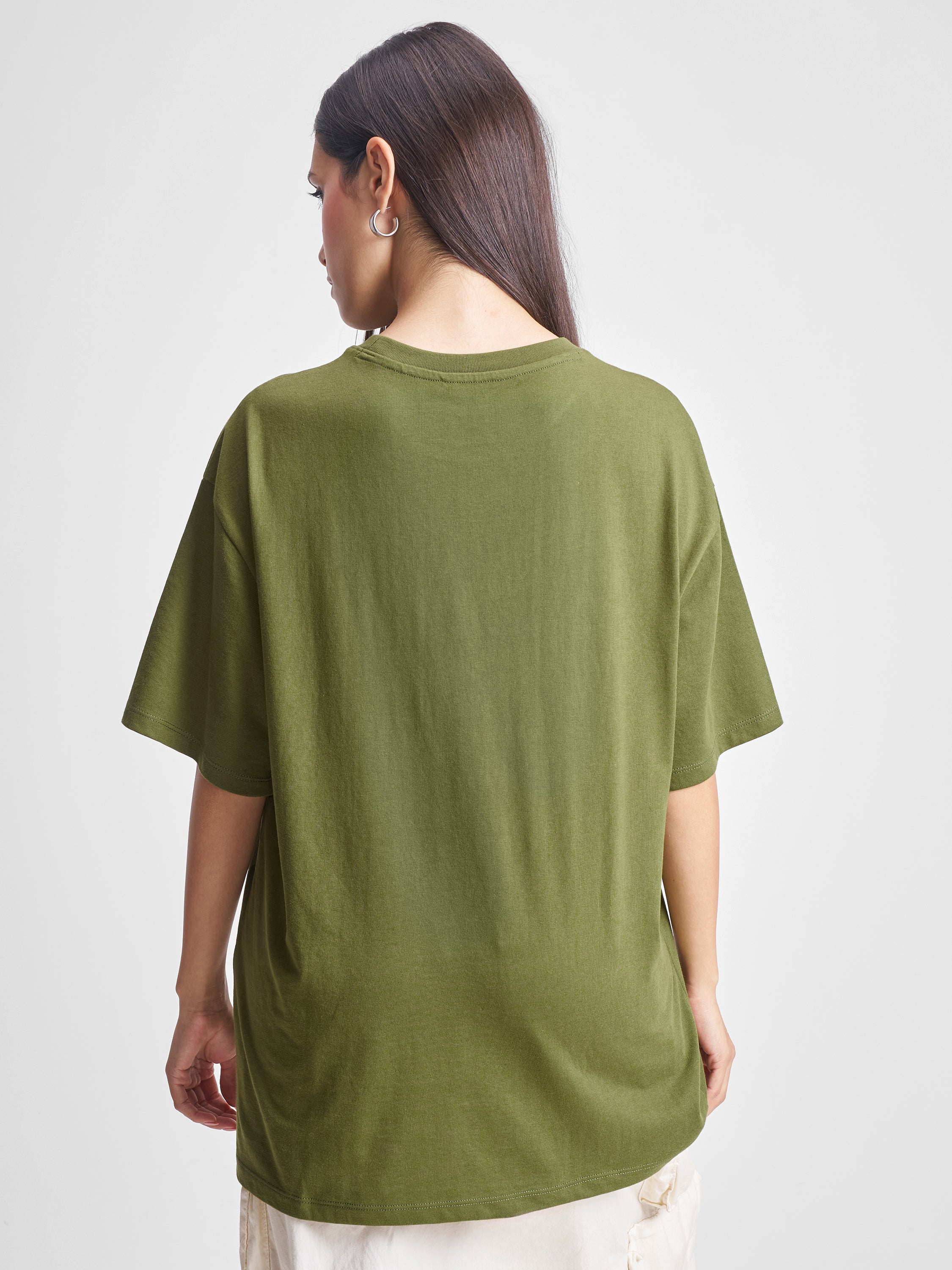 Tokyo Talkies Women Olive Applique Round Neck Oversized Fit T-Shirt - Olive - Image 3