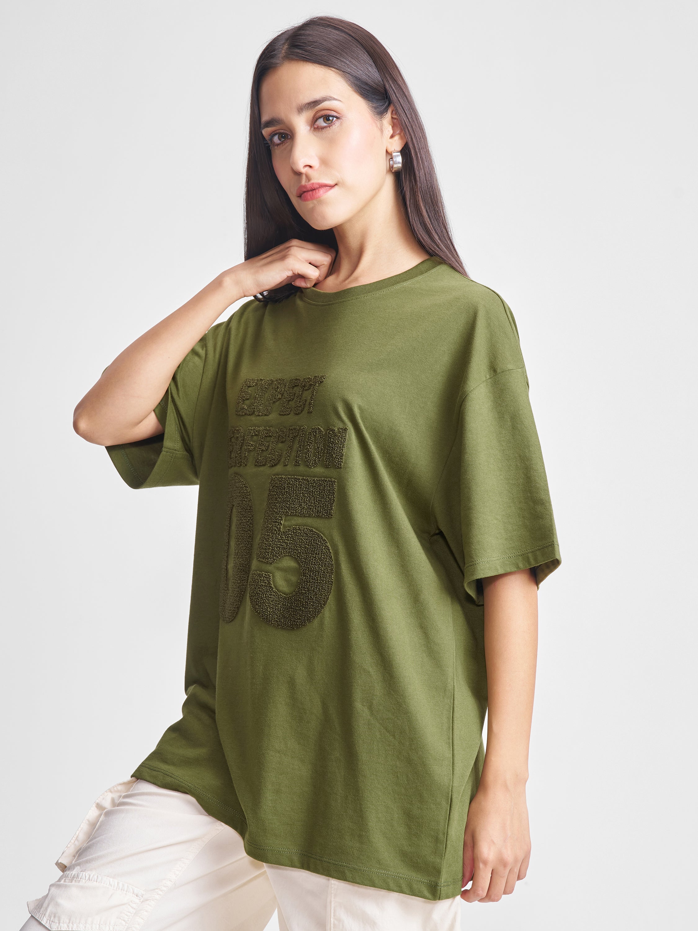 Tokyo Talkies Women Olive Applique Round Neck Oversized Fit T-Shirt - Olive - Image 4