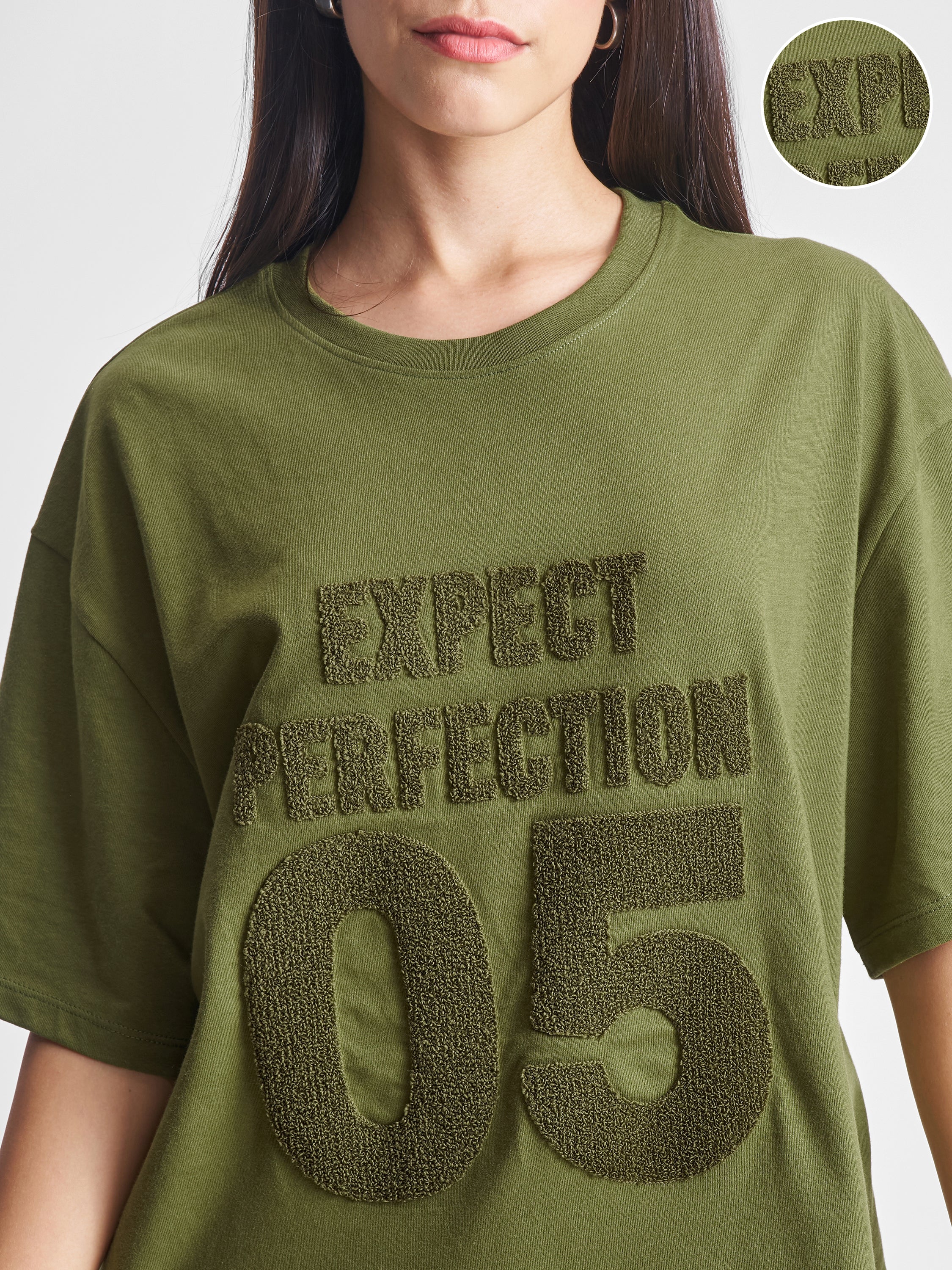 Tokyo Talkies Women Olive Applique Round Neck Oversized Fit T-Shirt - Olive - Image 5