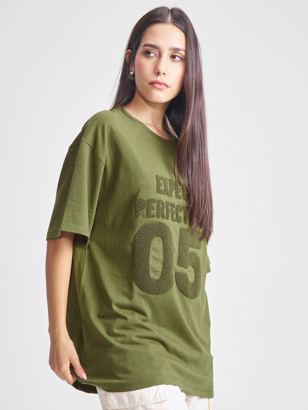 Tokyo Talkies Women Olive Applique Round Neck Oversized Fit T-Shirt - Olive - Image 6