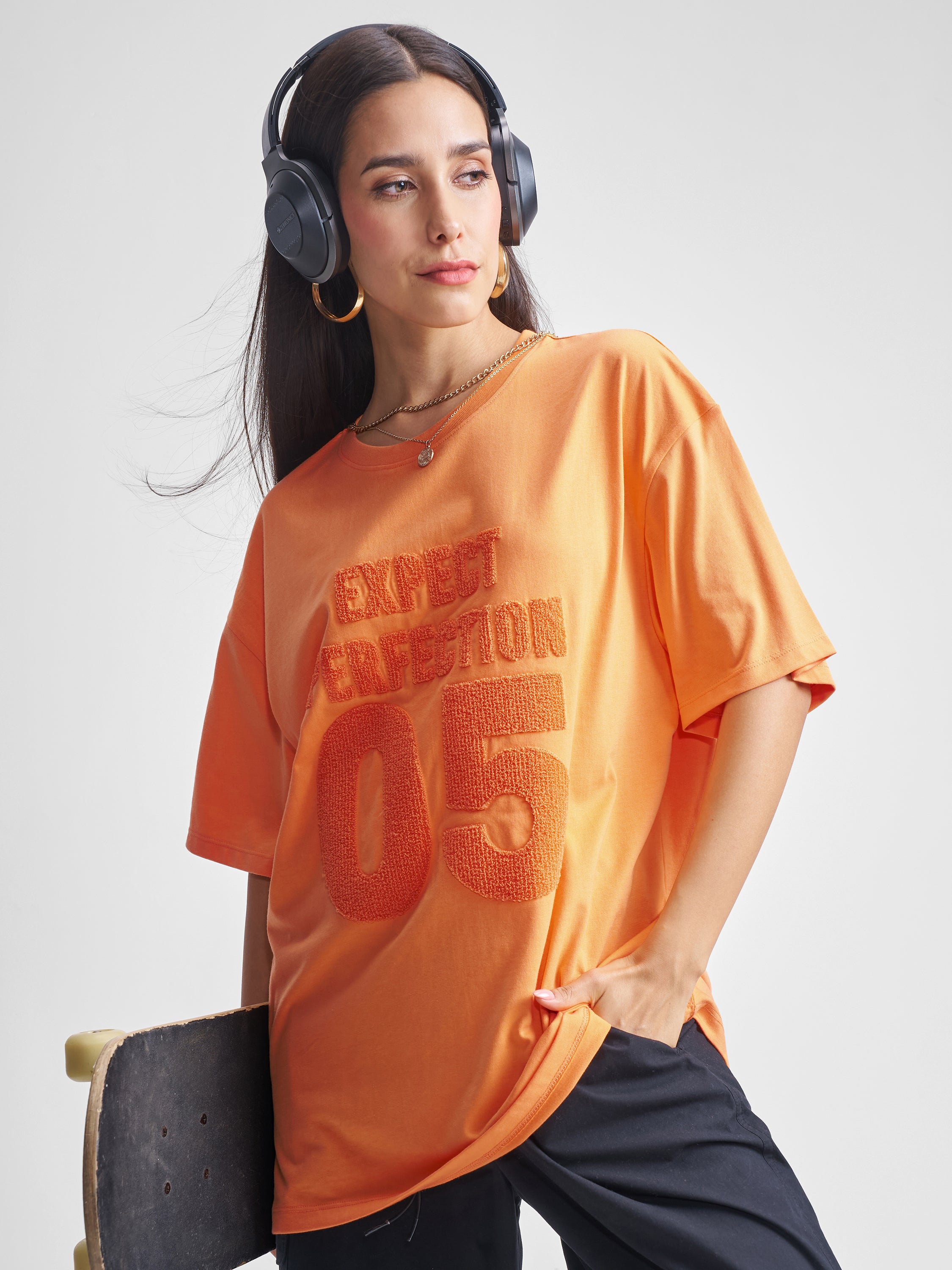 Tokyo Talkies Women Orange Applique Round Neck Oversized Fit T-Shirt - Orange - Image 1