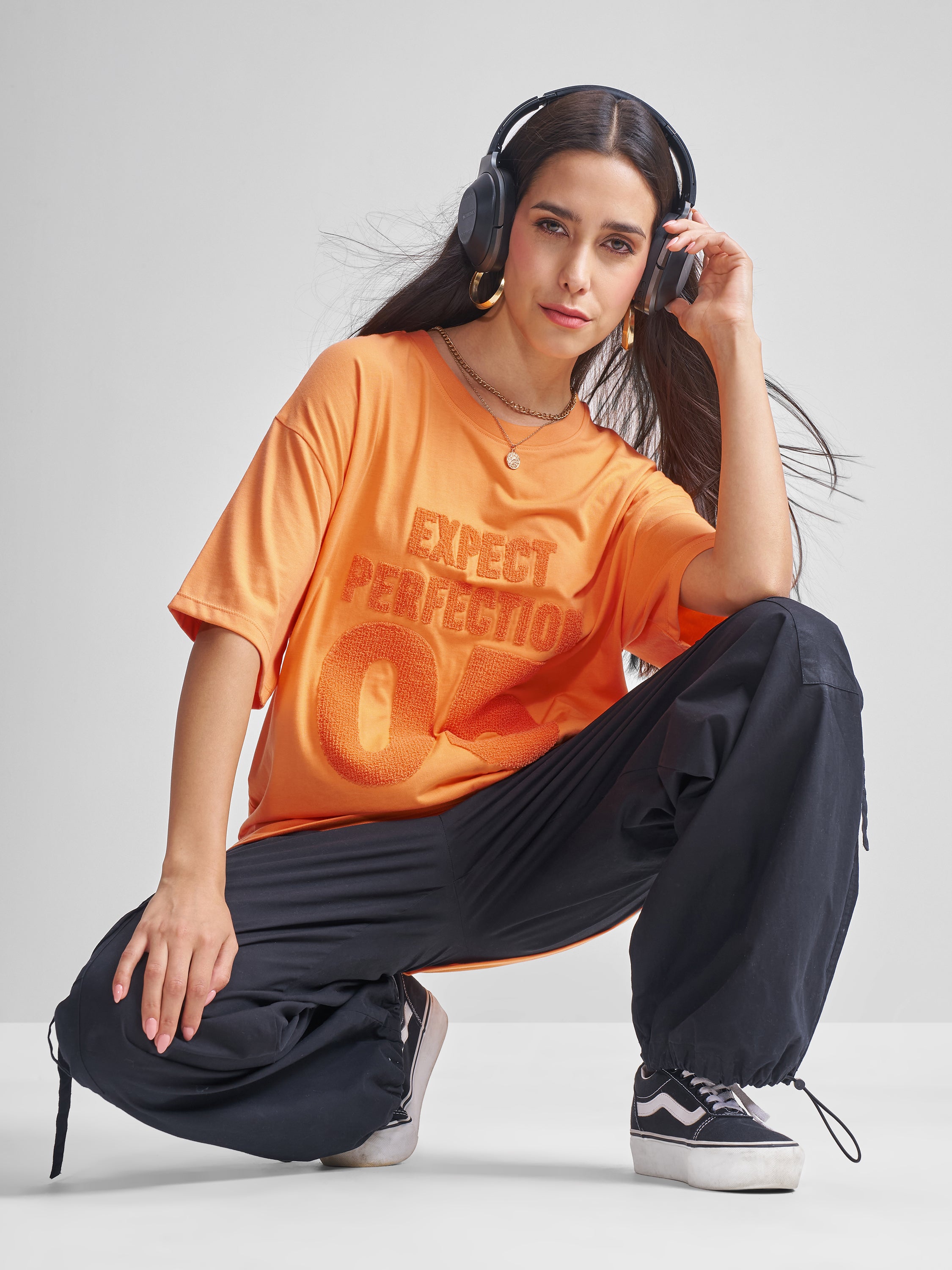 Tokyo Talkies Women Orange Applique Round Neck Oversized Fit T-Shirt - Orange - Image 2