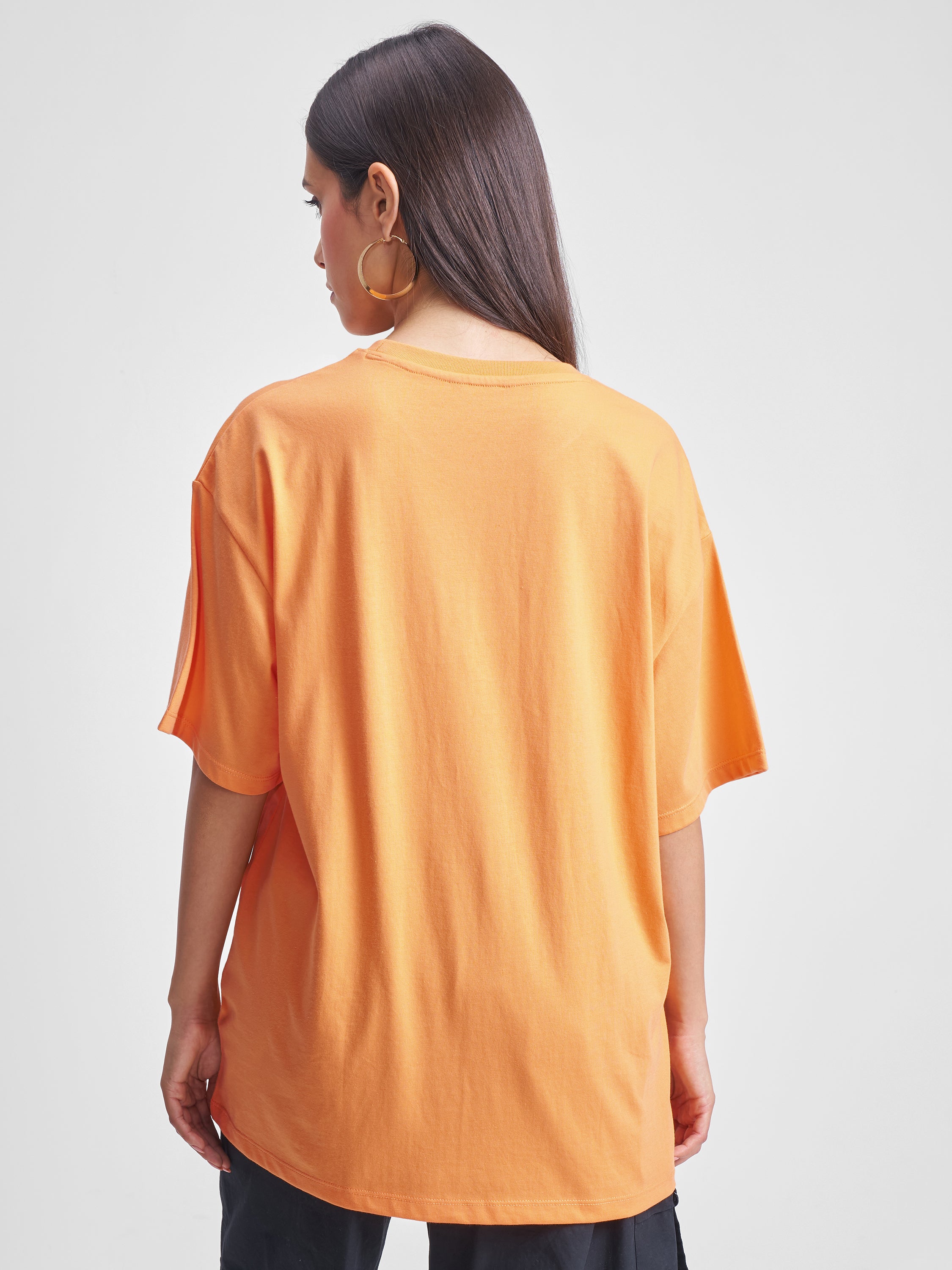 Tokyo Talkies Women Orange Applique Round Neck Oversized Fit T-Shirt - Orange - Image 3