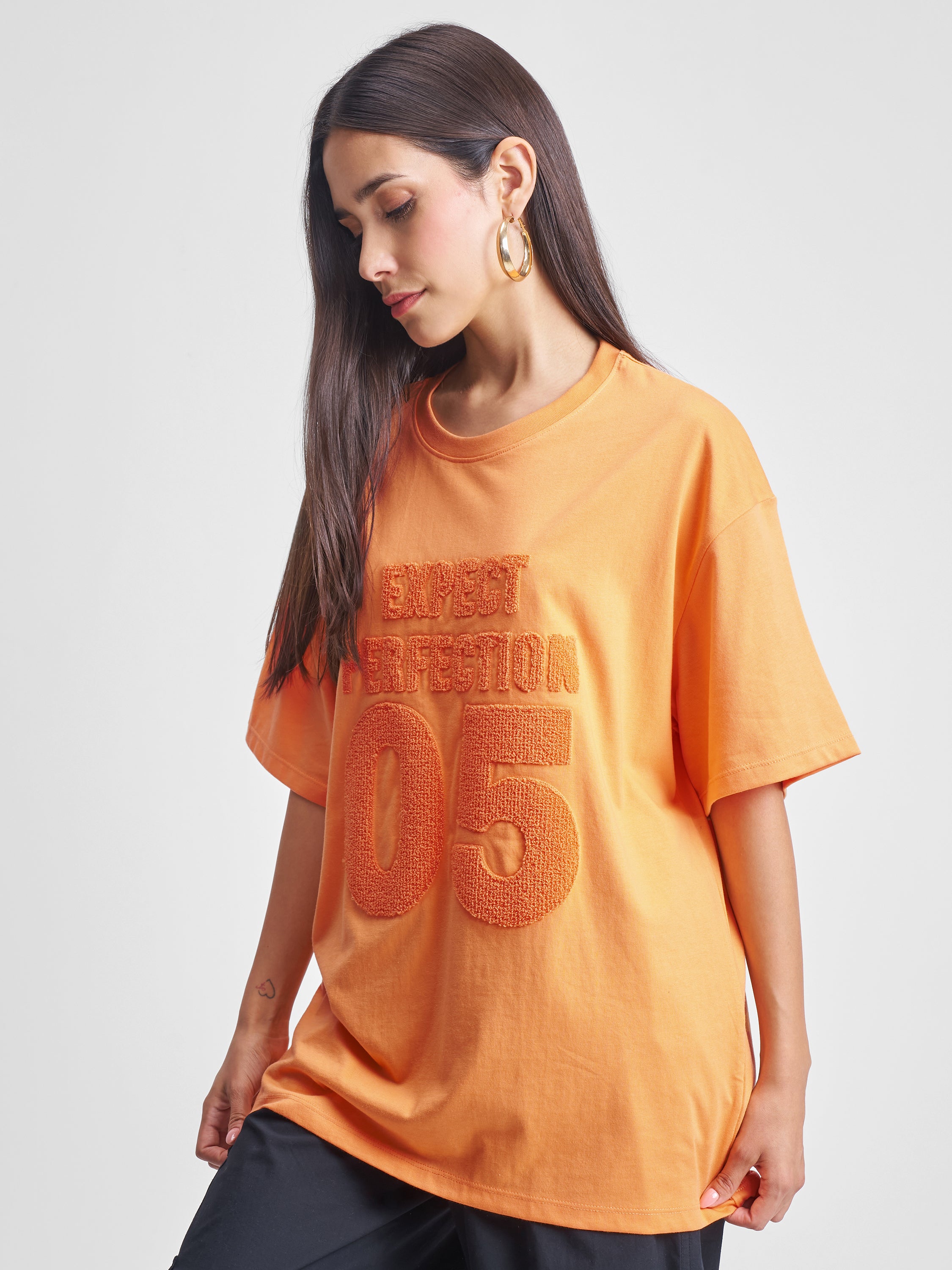 Tokyo Talkies Women Orange Applique Round Neck Oversized Fit T-Shirt - Orange - Image 4