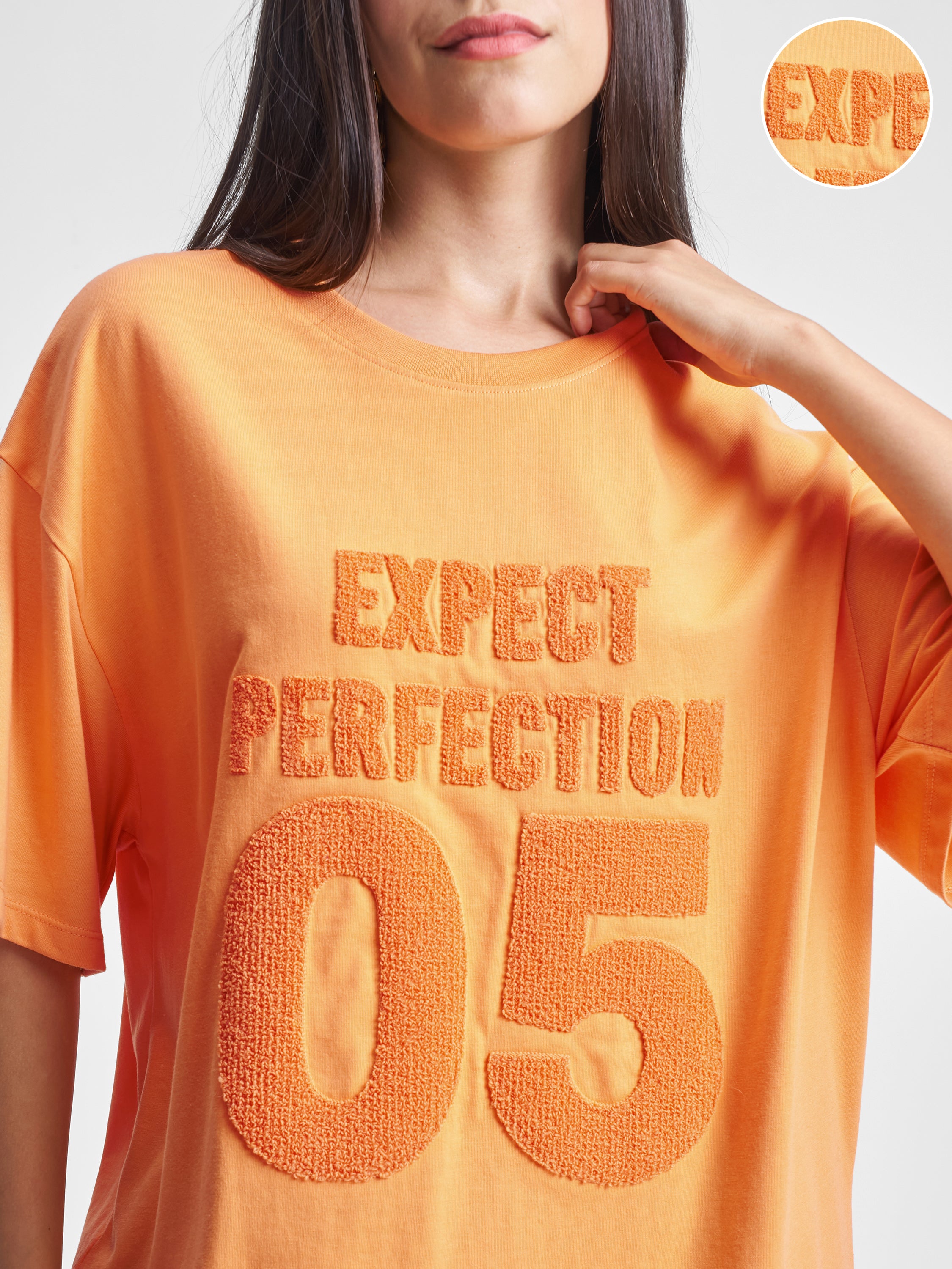 Tokyo Talkies Women Orange Applique Round Neck Oversized Fit T-Shirt - Orange - Image 5