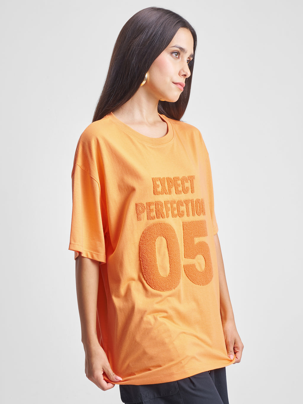 Tokyo Talkies Women Orange Applique Round Neck Oversized Fit T-Shirt - Orange - Image 6