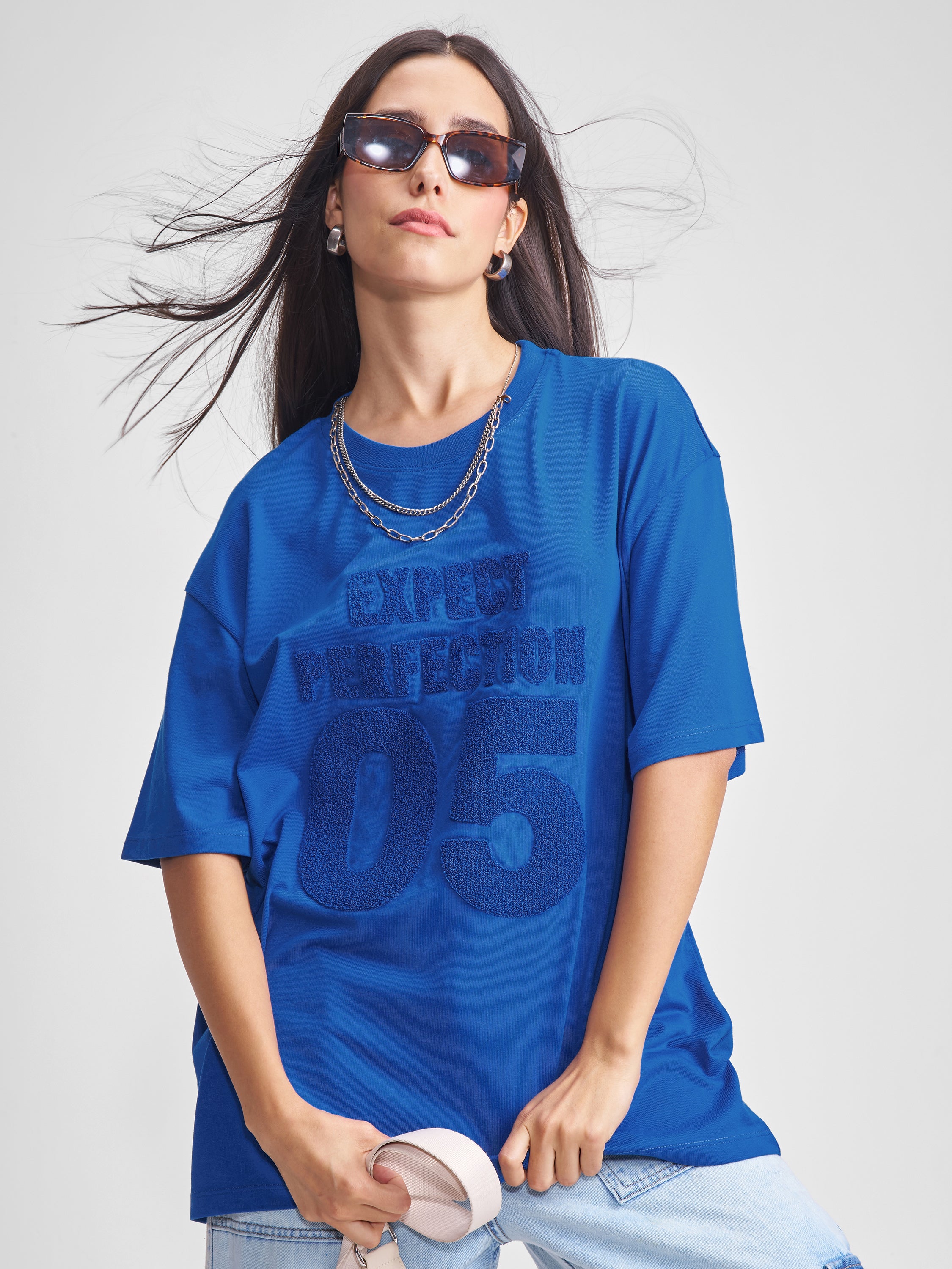 Tokyo Talkies Women Blue Applique Round Neck Oversized Fit T-Shirt - Blue - Image 1