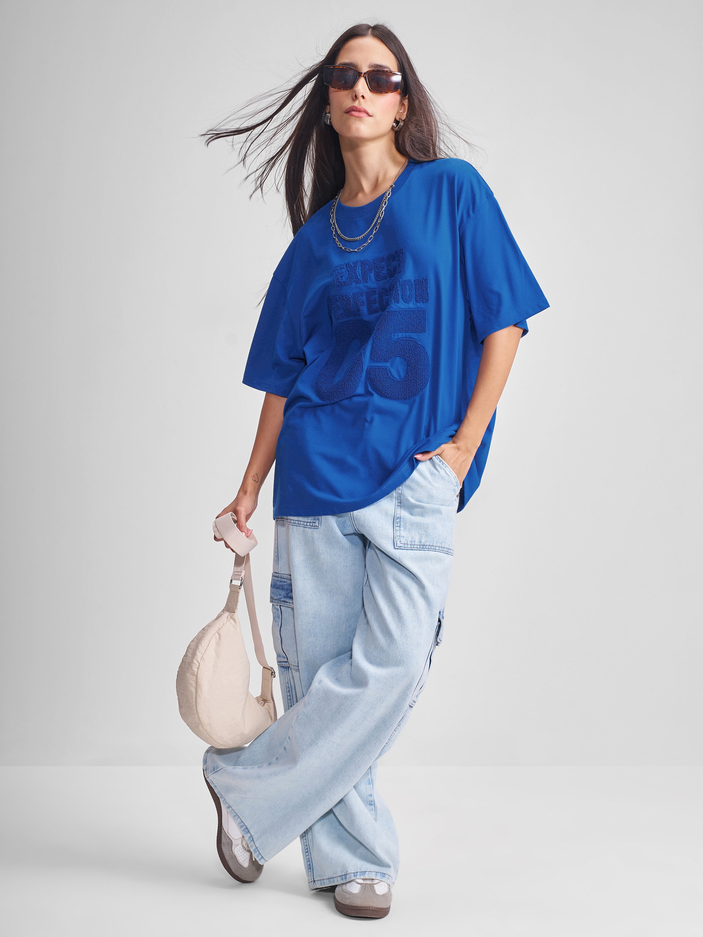 Tokyo Talkies Women Blue Applique Round Neck Oversized Fit T-Shirt - Blue - Image 2