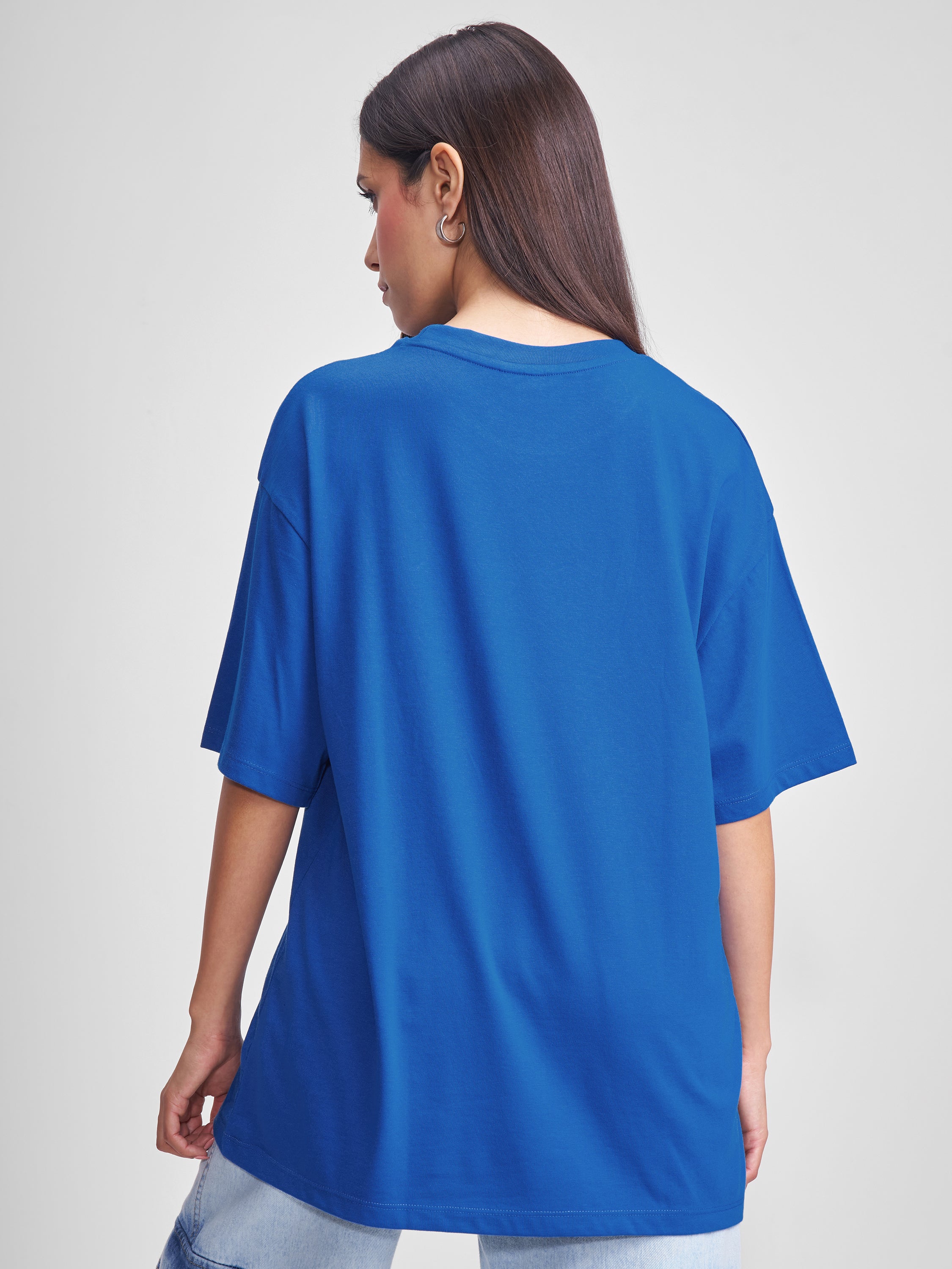 Tokyo Talkies Women Blue Applique Round Neck Oversized Fit T-Shirt - Blue - Image 3