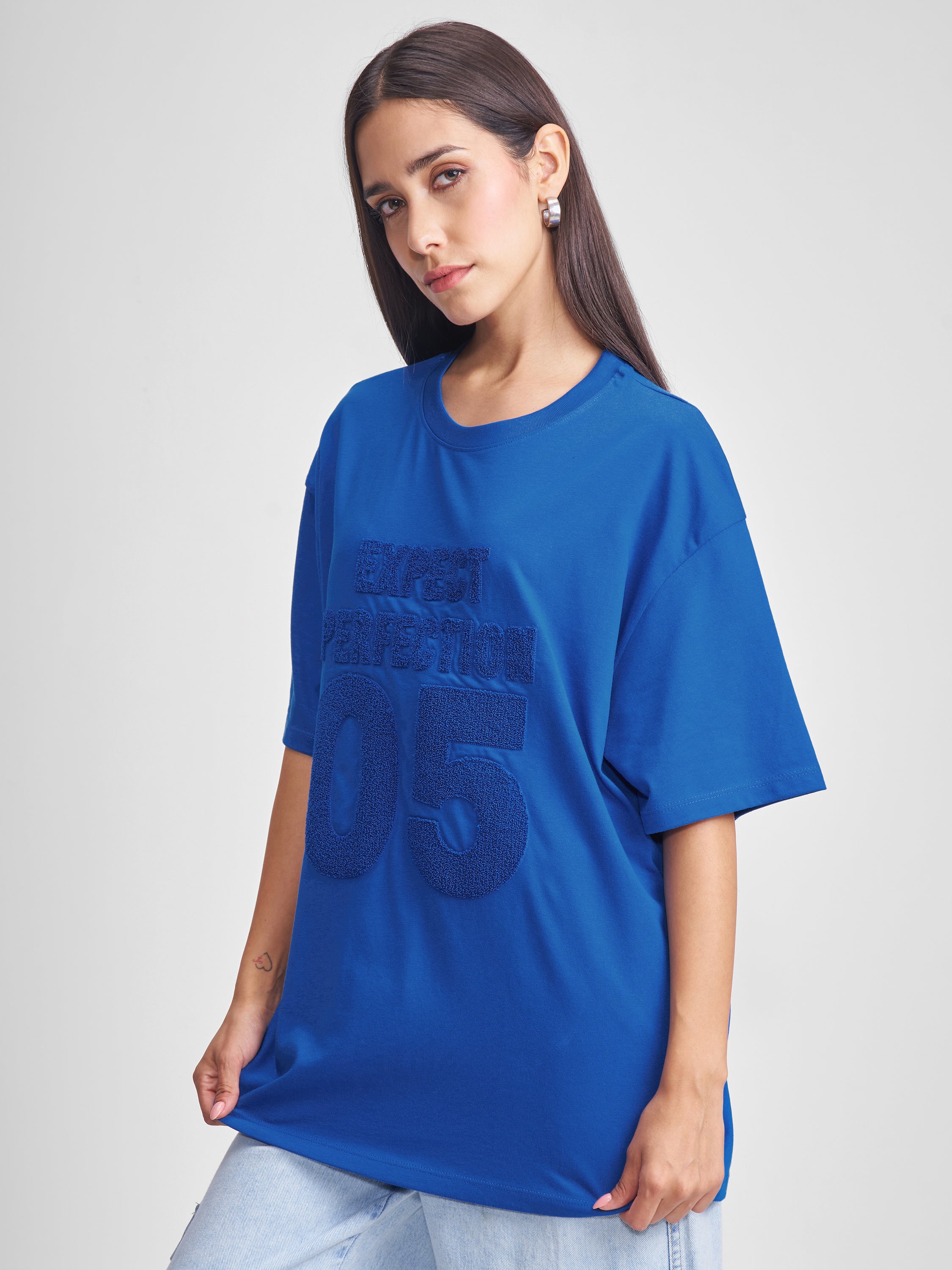 Tokyo Talkies Women Blue Applique Round Neck Oversized Fit T-Shirt - Blue - Image 4