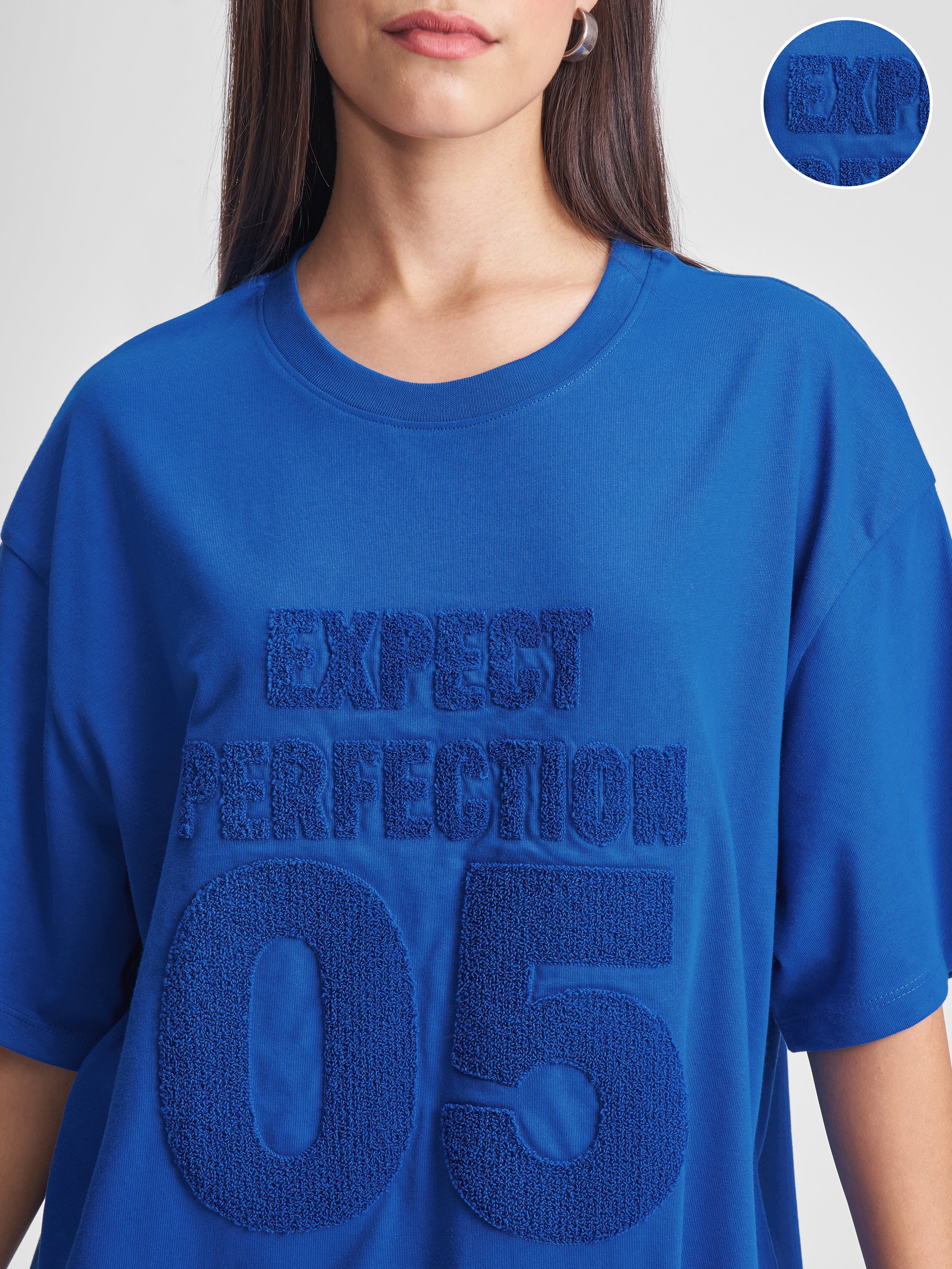 Tokyo Talkies Women Blue Applique Round Neck Oversized Fit T-Shirt - Blue - Image 5