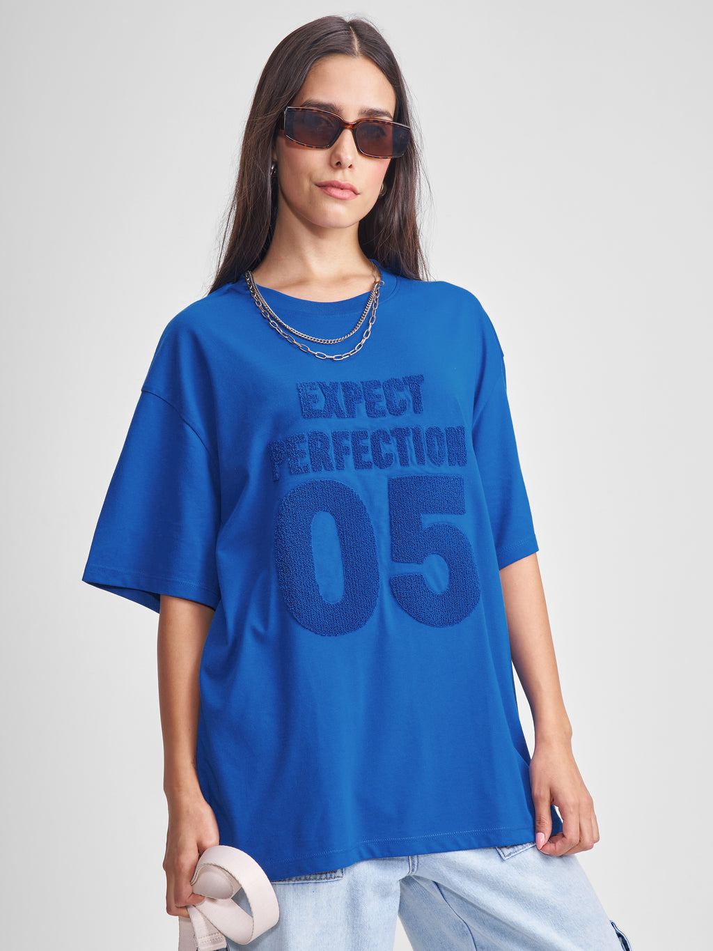 Tokyo Talkies Women Blue Applique Round Neck Oversized Fit T-Shirt - Blue - Image 6