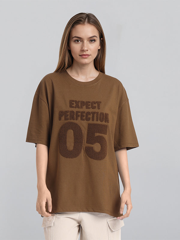Street By Tokyo Talkies Women Brown Applique Round Neck Oversized Fit T-Shirt - Brown - Image 1