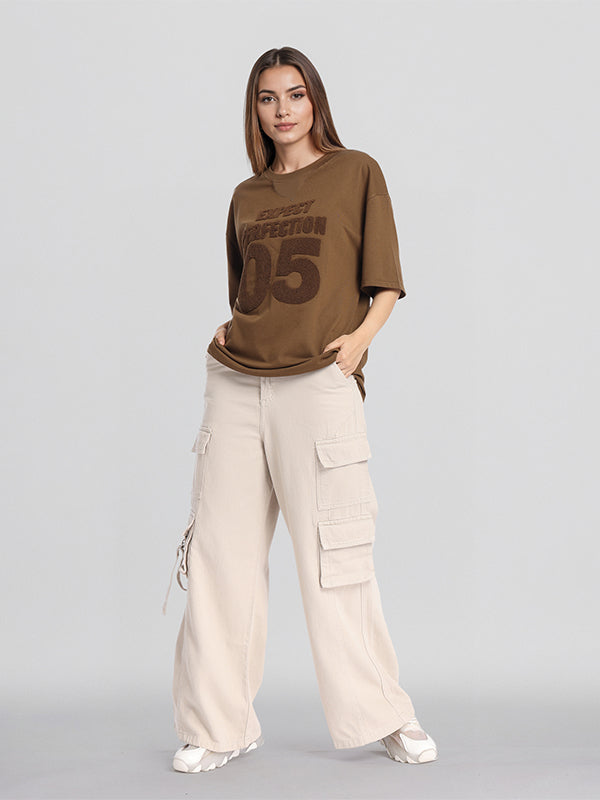 Street By Tokyo Talkies Women Brown Applique Round Neck Oversized Fit T-Shirt - Brown - Image 2