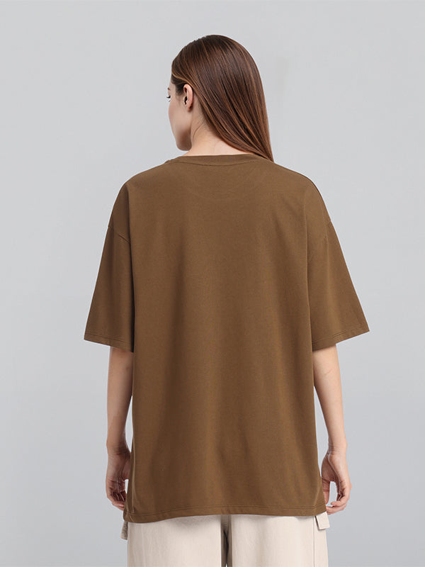Street By Tokyo Talkies Women Brown Applique Round Neck Oversized Fit T-Shirt - Brown - Image 3