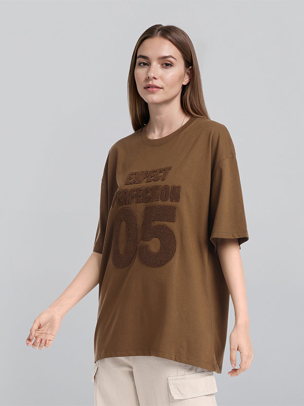 Street By Tokyo Talkies Women Brown Applique Round Neck Oversized Fit T-Shirt - Brown - Image 4