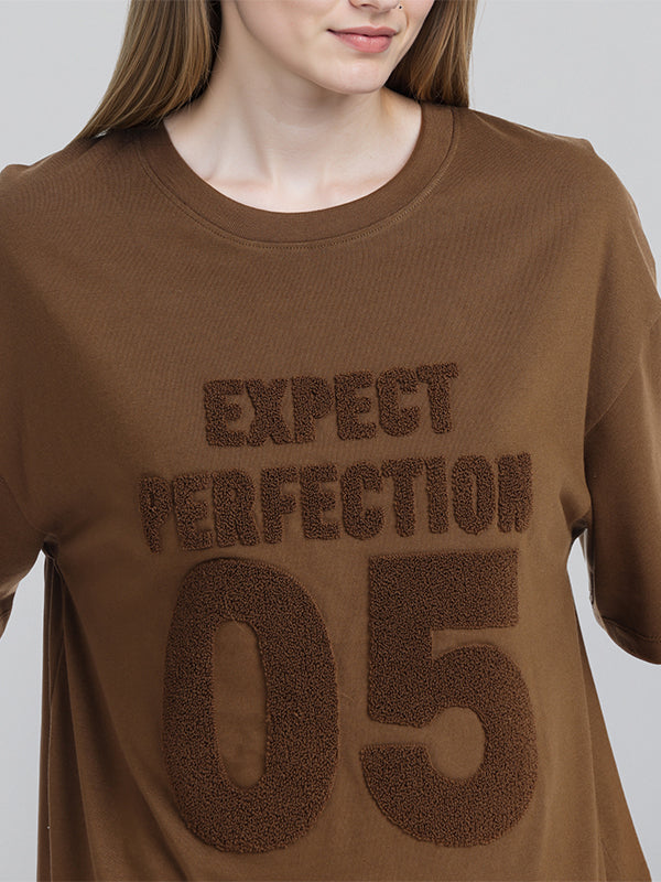 Street By Tokyo Talkies Women Brown Applique Round Neck Oversized Fit T-Shirt - Brown - Image 5