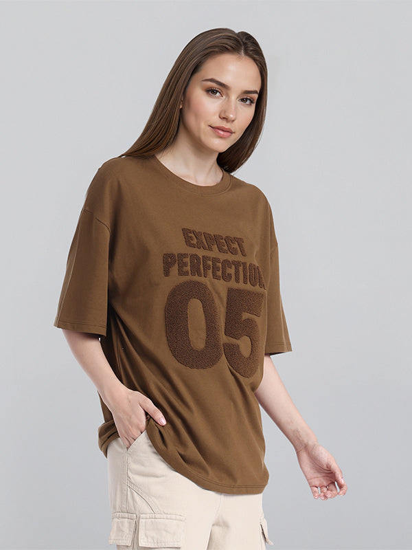 Street By Tokyo Talkies Women Brown Applique Round Neck Oversized Fit T-Shirt - Brown - Image 6