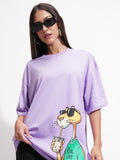 Tokyo Talkies Women Purple Printed Round Neck Oversized Fit T-Shirt - Purple - Image 1