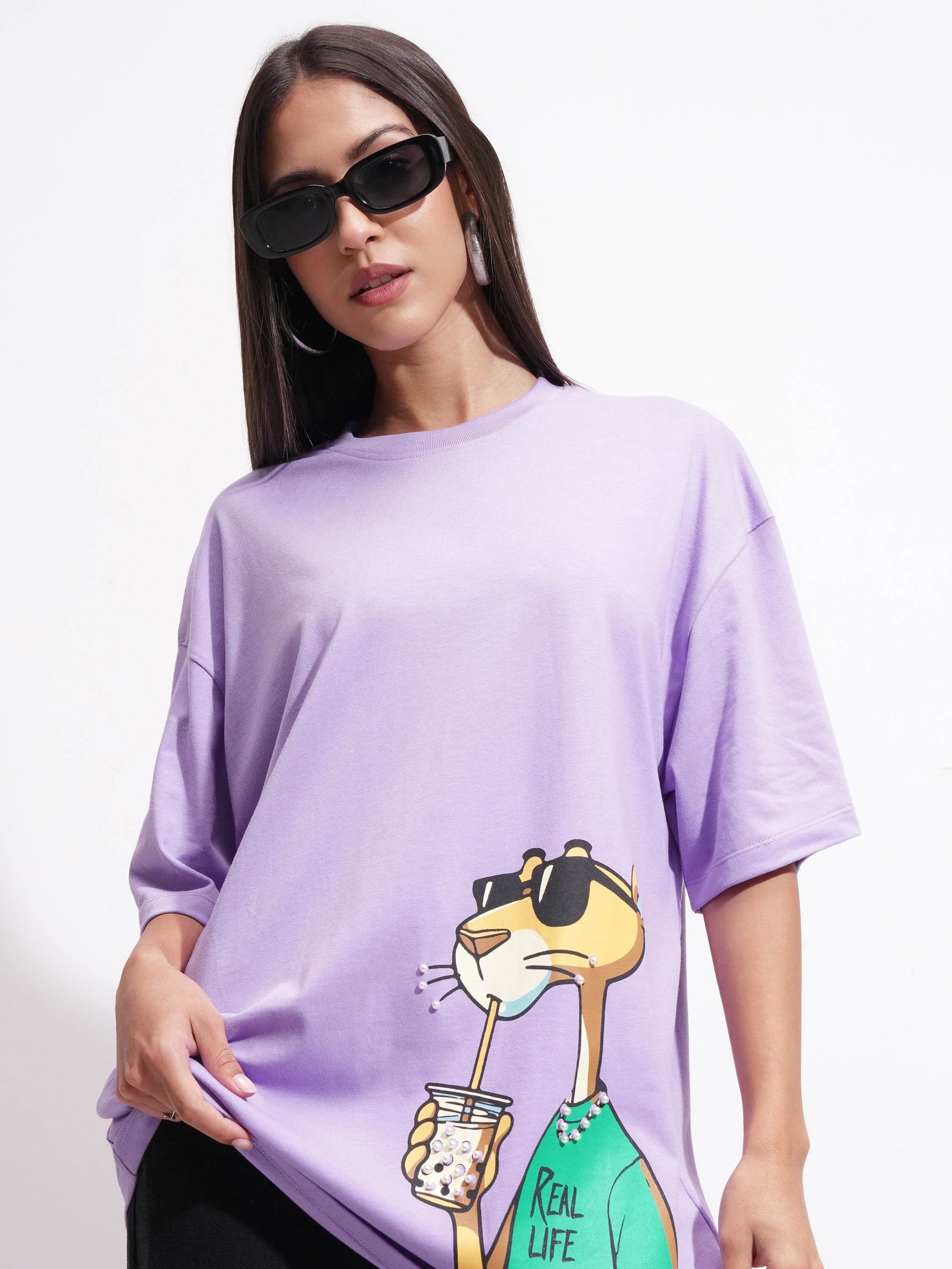 Tokyo Talkies Women Purple Printed Round Neck Oversized Fit T-Shirt - Purple - Image 1
