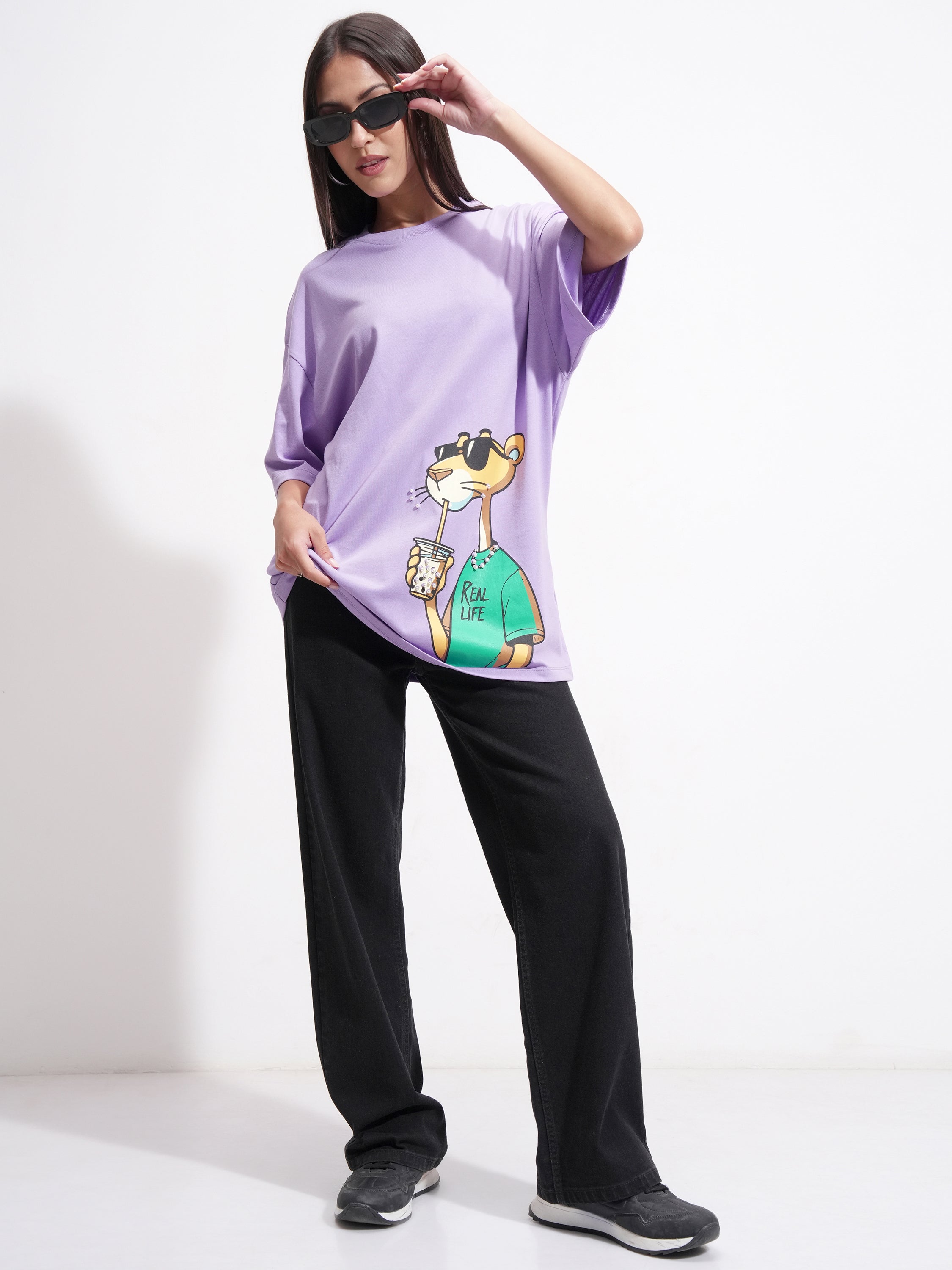Tokyo Talkies Women Purple Printed Round Neck Oversized Fit T-Shirt - Purple - Image 2