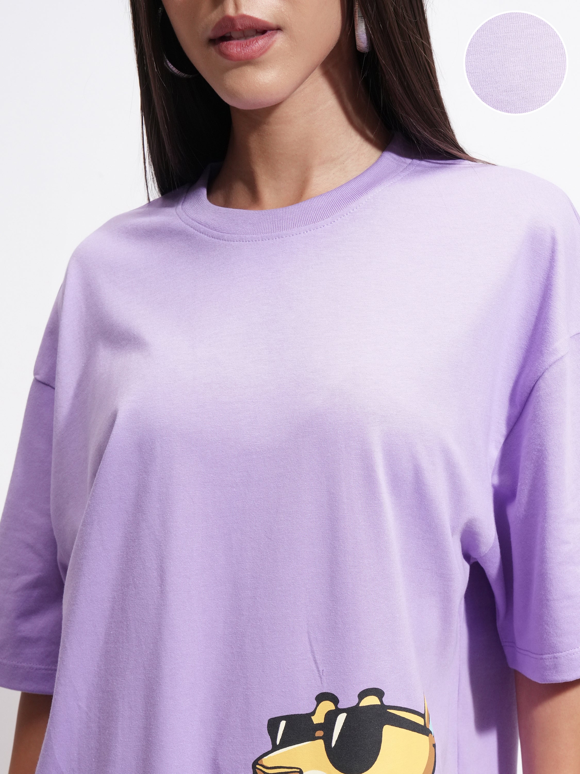 Tokyo Talkies Women Purple Printed Round Neck Oversized Fit T-Shirt - Purple - Image 5