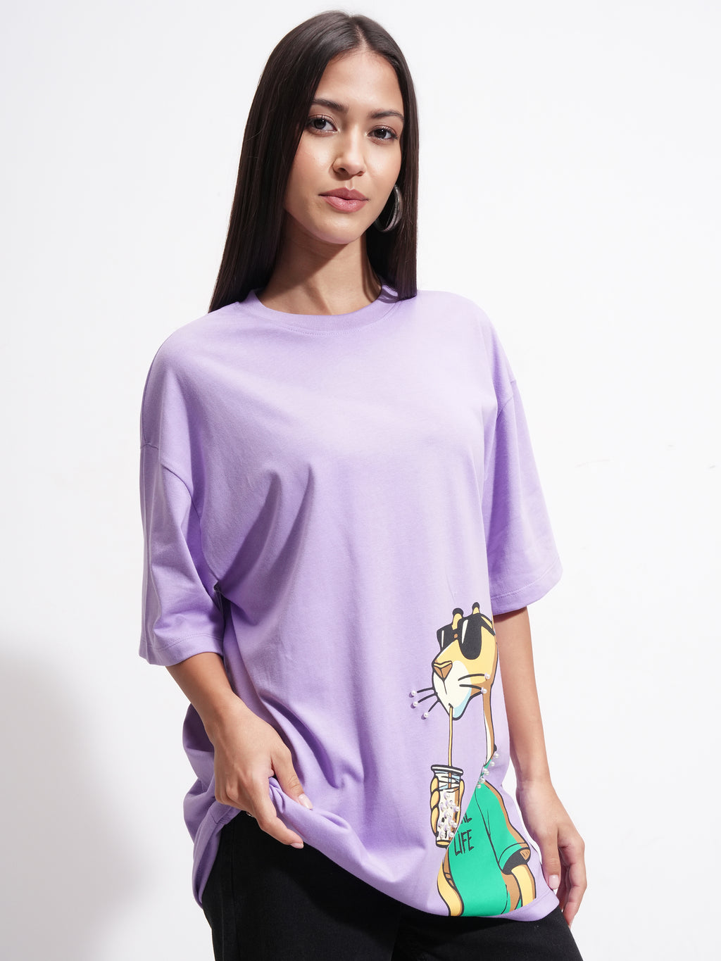 Tokyo Talkies Women Purple Printed Round Neck Oversized Fit T-Shirt - Purple - Image 6