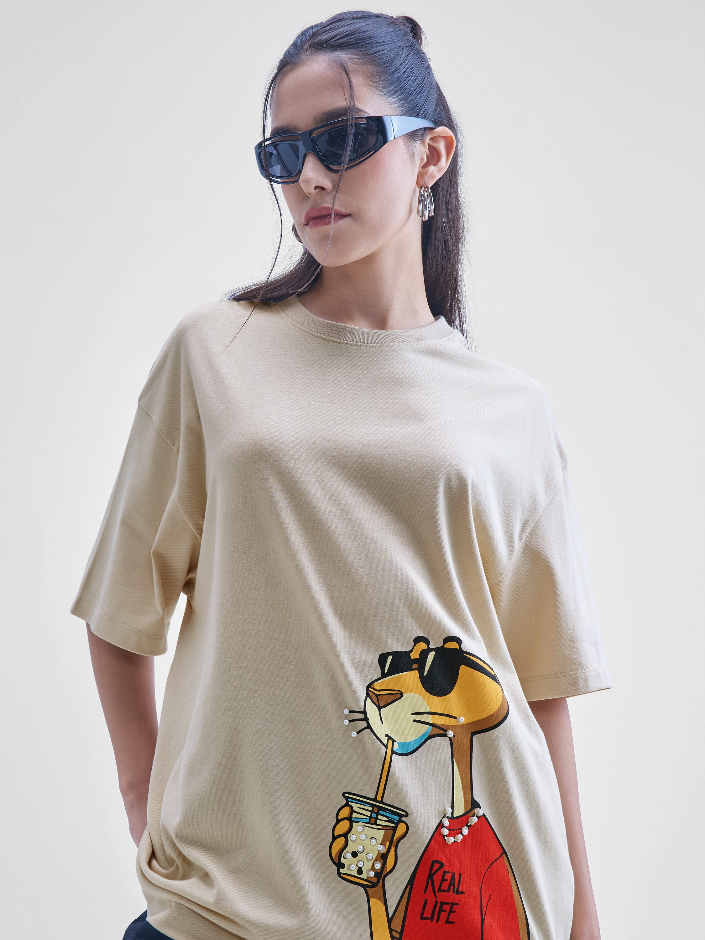 Street By Tokyo Talkies Women Beige Printed Round Neck Oversized Fit T-Shirt - Beige - Image 1