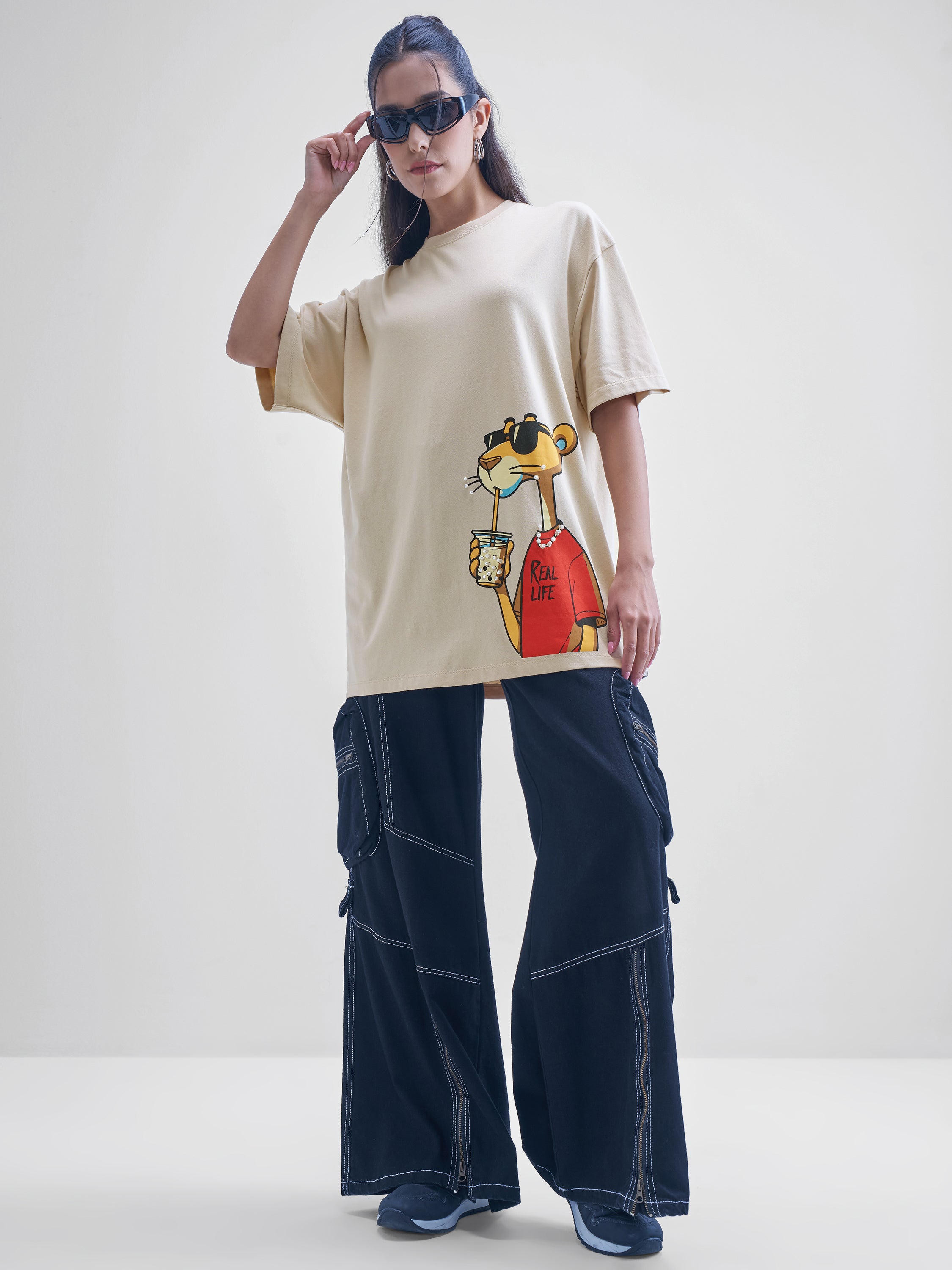 Street By Tokyo Talkies Women Beige Printed Round Neck Oversized Fit T-Shirt - Beige - Image 2