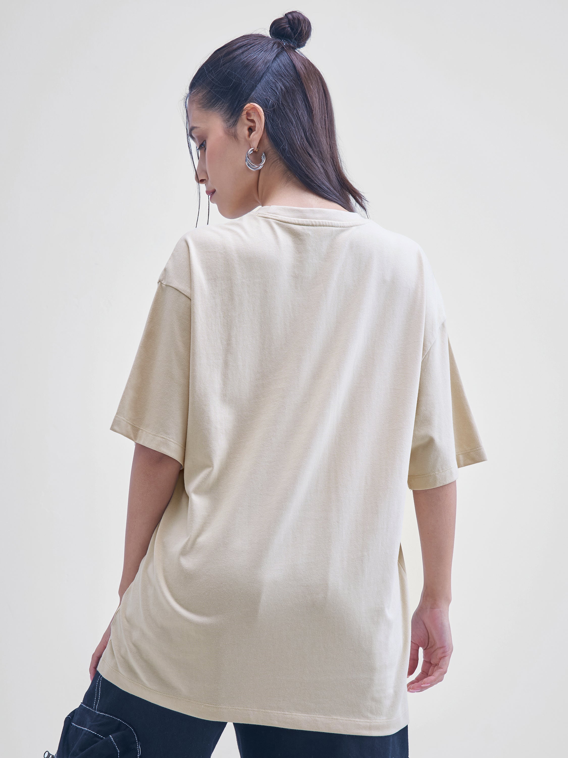 Street By Tokyo Talkies Women Beige Printed Round Neck Oversized Fit T-Shirt - Beige - Image 3