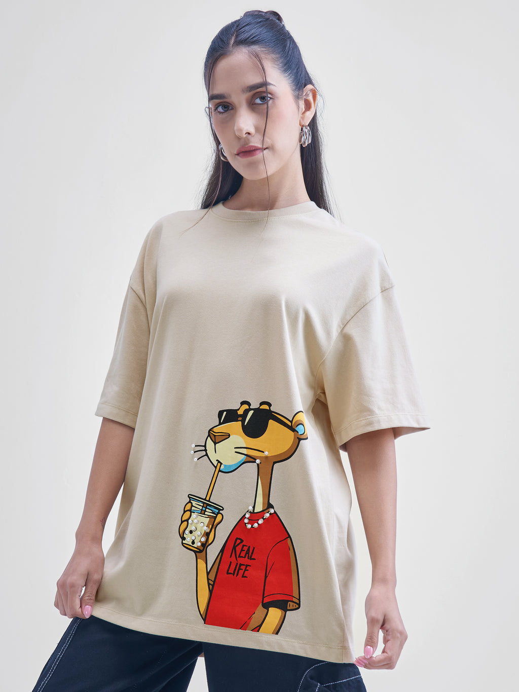 Street By Tokyo Talkies Women Beige Printed Round Neck Oversized Fit T-Shirt - Beige - Image 4