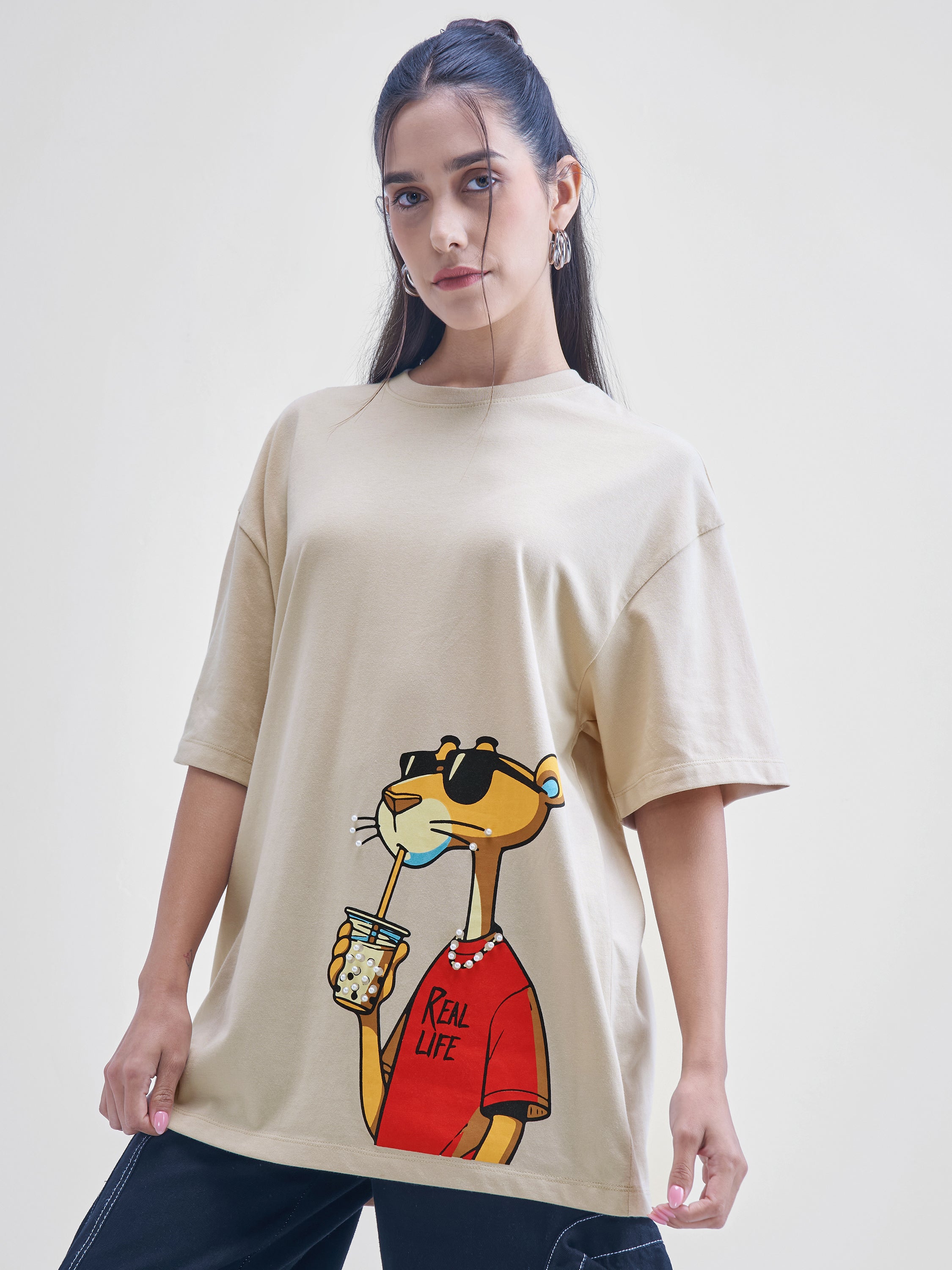 Street By Tokyo Talkies Women Beige Printed Round Neck Oversized Fit T-Shirt - Beige - Image 4
