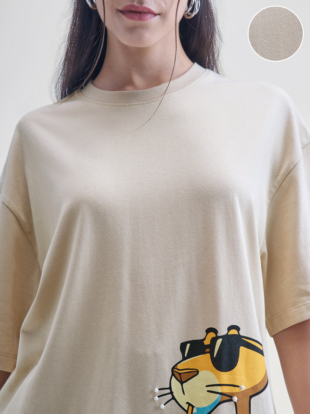 Street By Tokyo Talkies Women Beige Printed Round Neck Oversized Fit T-Shirt - Beige - Image 5